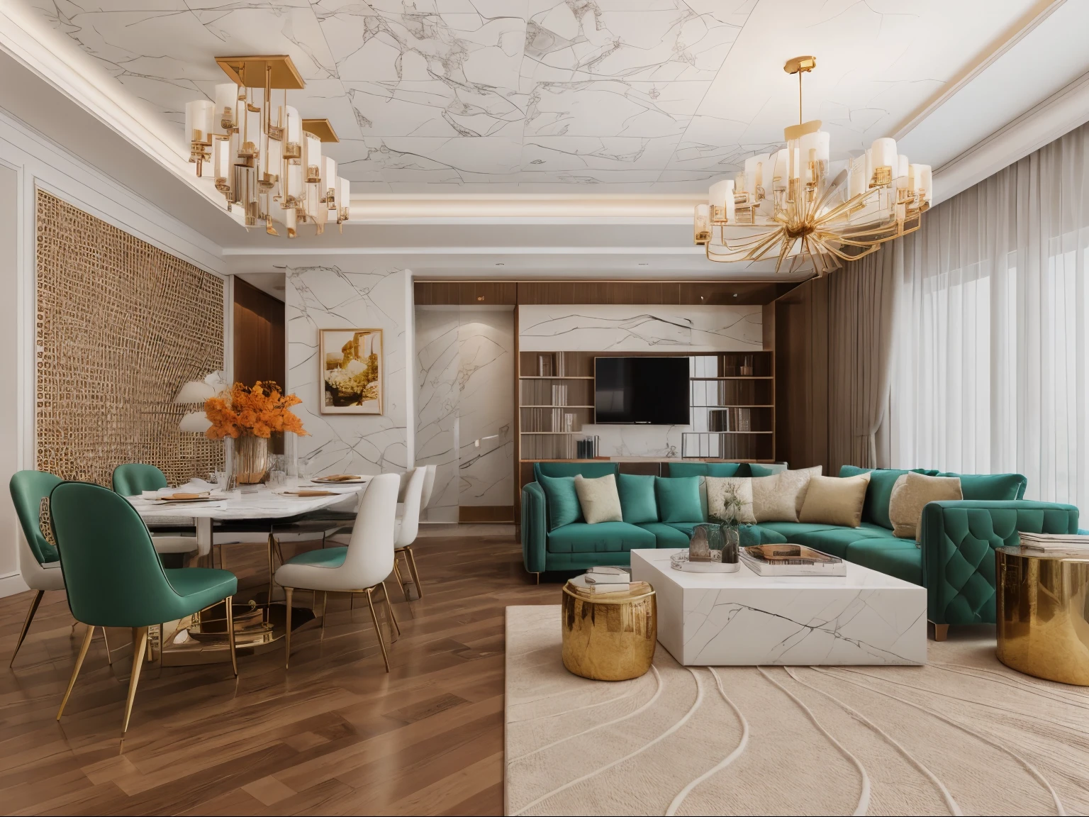 luxury livingroom interior, luxurious interior style,
turquoise and orange color scheme, marble, golden grout, mirror, crystal, leather sofa, glossy material,high_class feeling, luxury feeling, (white flat ceiling:1.2),
pendant, lighting, colorful light, nightime,chandelier, color rug, dinner table, curtain, bookshelf, high_class wallpaper,
decoration stuffs, picture frame, crystal vase on table, book, pillow,
RAW photo, (high detailed skin:1.2), 8k uhd, dslr, soft lighting, high quality, film grain, Fujifilm XT3