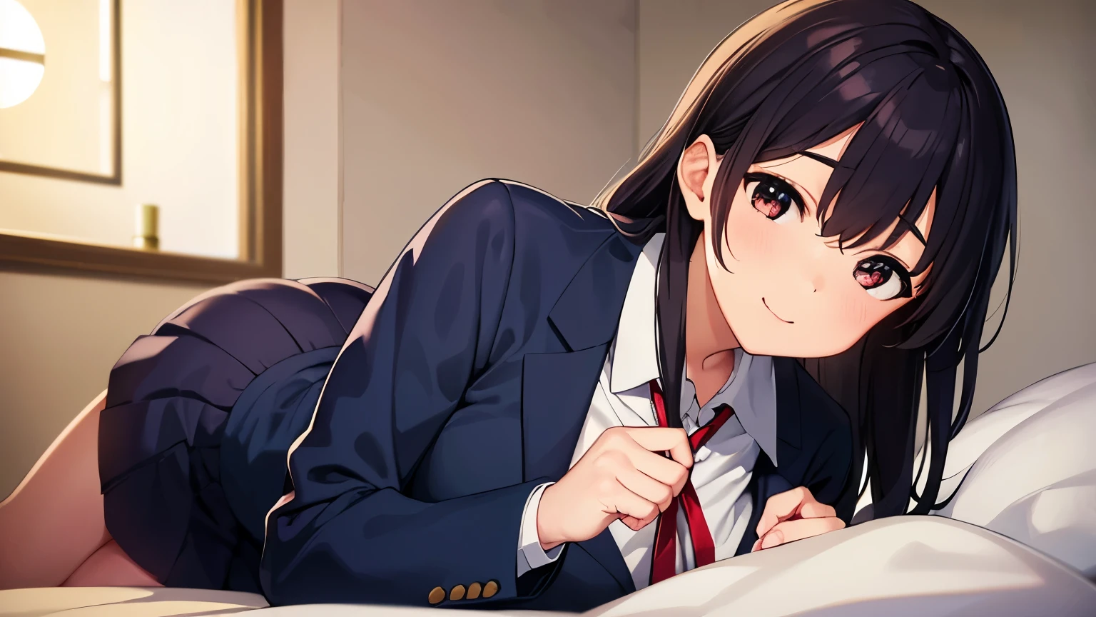 ((1 Beautiful Beautiful Girl)),(((detail portrayal))),(((Dark brown medium hair:1.6))),(((Straight hair))),(((Red ribbon on back hair))),(((Side Up Hair))),(((a small face))),(((Less bangs))),(((Trimmed bangs))),(((Brown eyes))),(​masterpiece)), (((drooing eyes))),((top-quality)),((Vivid light and shadow depiction)), (The ultra-detailliert), ((kawaii)), cute little, (Detailed body line depiction), ((detailed face depiction)),((ighly detailed)),  (8K), top-quality, (Beautiful fece),(((World-class quality))), ighly detailed, hight resolution,(((Anime filling))),(((large udder:1.3))),(((Wearing a dark blue blazer over a white cutter shirt))),(((Knee-length dark blue pleated skirt))),(((Lie on the bed and open your legs))),(((de pele branca))),(((Luxury hotel bedroom with large windows and night view))),(((full of sweat))),(((Composition seen from the front))),(((Composition seen from above))),(((Looking down))),(((Put a used condom in your mouth))),(((detail portrayal))),(((Detailed body depiction))),(((Gray sober panties))),(((Holding a stack of banknotes in your hands))),(((deadpan))),(((Twisting the skirt))),