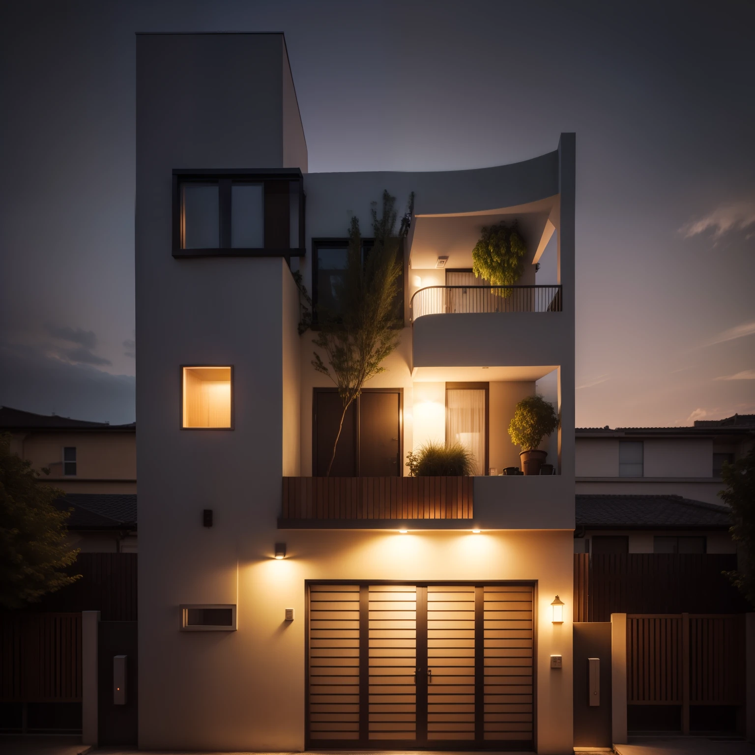 modern townhouse, modern street, glass window best quality, night time, lighting lamp, raw photo, orange and white tone