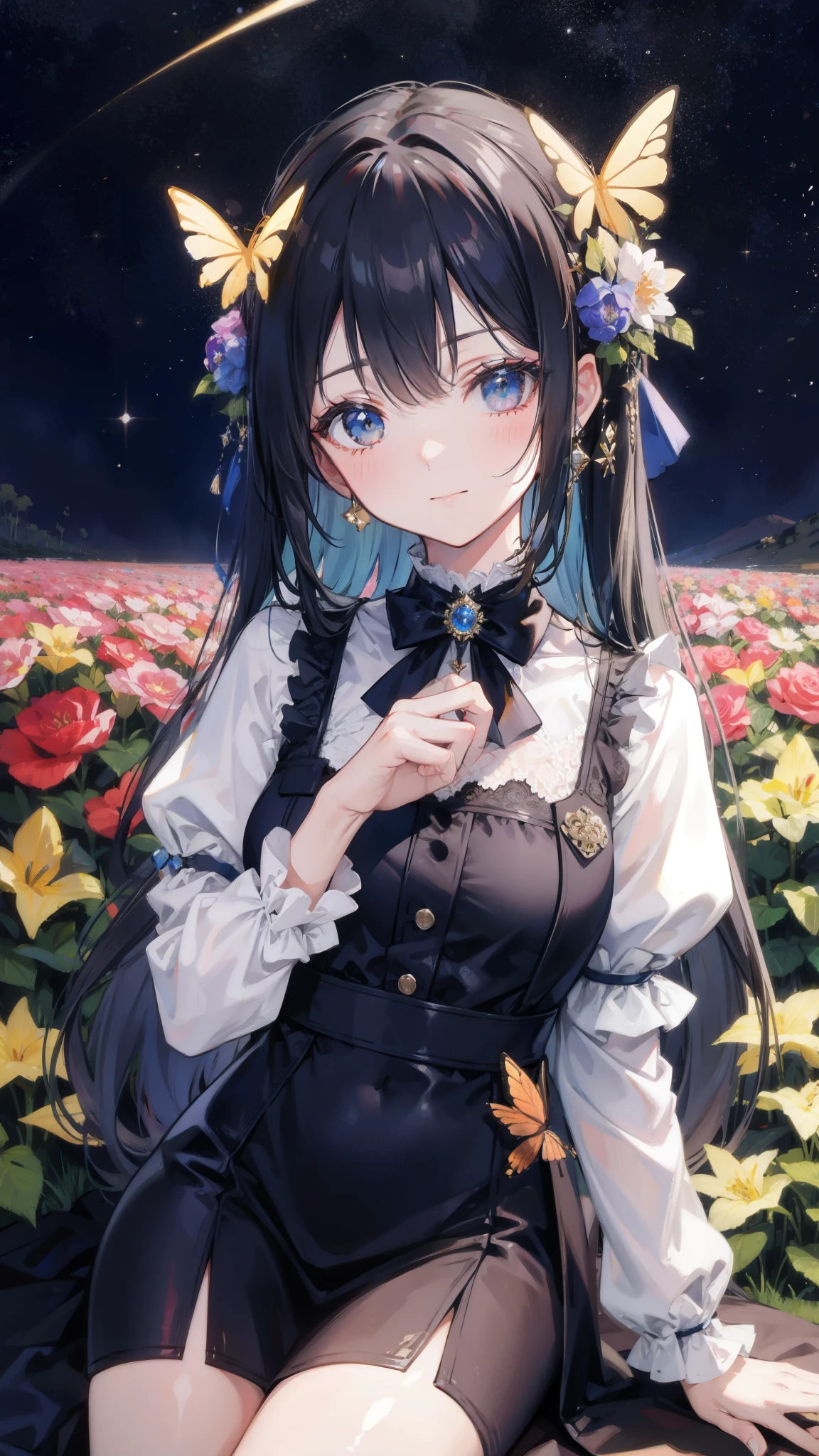 32k, highest quality, expensive_solve, clear_image, detailed background, girl, flower, garden, starry sky, Beautiful modeling, smile, lots of butterflies々,
