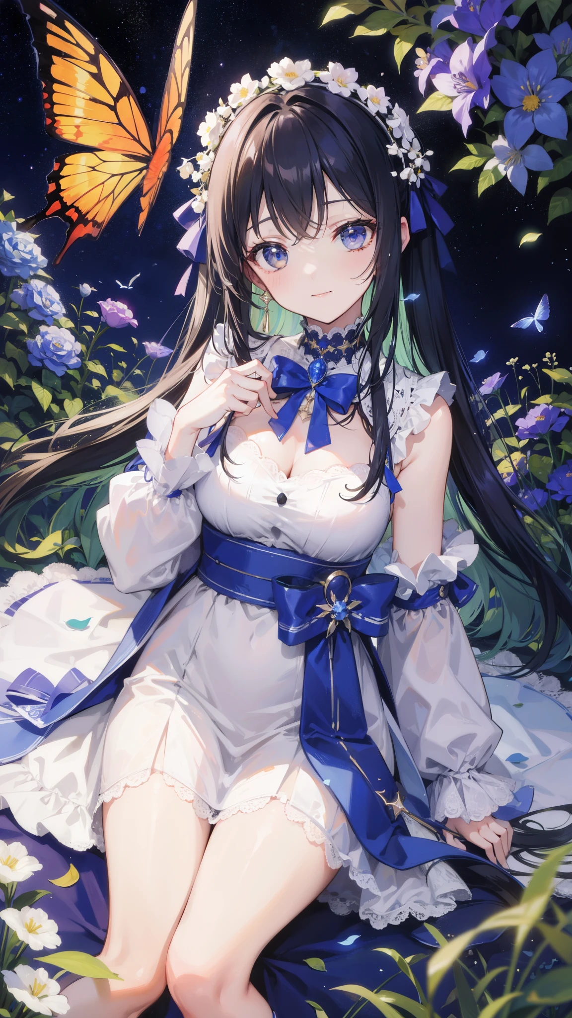 32k, highest quality, expensive_solve, clear_image, detailed background, girl, flower, garden, starry sky, Beautiful modeling, smile, lots of butterflies々,