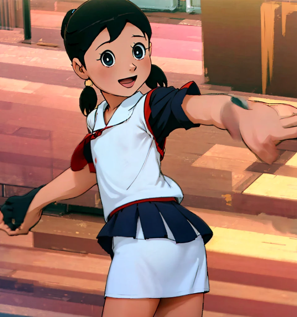 (masterpiece, top quality, super definition, high definition)), solo, beautiful girl, shining eyes, perfect eyes, 15 years old, ,shizuka,hot,mini skirt,school dress,smooth skin,cute smile,