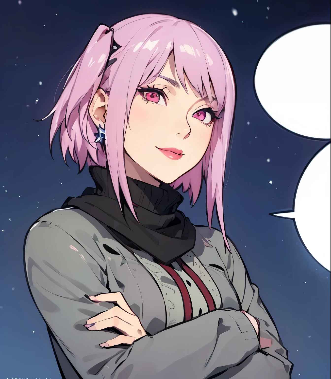 (masterpiece, best quality:1.4), (extremely detailed, 8k, uhd), cinematic shot, natural lighting, ultra highres, vibrant rich colors, (beautiful, aesthetic, perfect, delicate, intricate:1.2), (sharp focus, from front:1.3), eye level shot, 1girl, portrait of a anime girl, young, short pink hair, (extremely hot, attractive, beautiful, sexy, feminine:1.2), calm, expressive red eyes, long eyelashes, relaxed, (smiling:1.2), (beautiful detailed face, highly detailed skin, red eyes), gorgeous, breathtaking beauty, seductive, captivating, pale skin, perfect female figure, (slim:0.5), (highly saturated lipstick, purple pink lips, luscious thick lips, small red star earrings), intricate details, daytime, award winning photography, detailed background, volumetric fx, anime, hyper-detailed