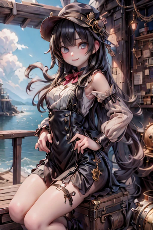 masterpiece, best quality, a cute girl smiling, steampunk engineer, lighthouse view