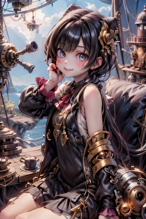 masterpiece, best quality, a cute girl smiling, steampunk engineer, lighthouse view