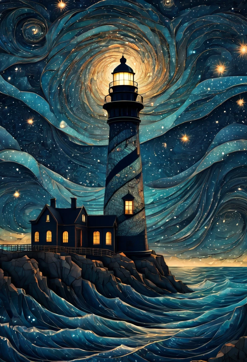 Aerial view, Magical starry cracked sky. zentangle art deco style Lighthouse, art deco style science fiction, magical art deco style future sea in background, vincent van gogh, about the curvature of space time, dark tones, (best quality,4k,8k,highres,masterpiece:1.2),ultra-detailed,(realistic,photorealistic,photo-realistic:1.37), aerial view, from above,