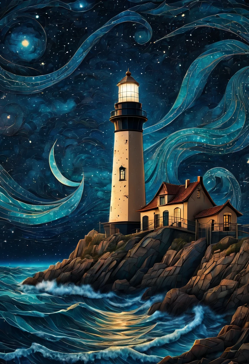 Aerial view, Magical starry cracked sky. zentangle art deco style Lighthouse, art deco style science fiction, magical art deco style future sea in background, vincent van gogh, about the curvature of space time, dark tones, (best quality,4k,8k,highres,masterpiece:1.2),ultra-detailed,(realistic,photorealistic,photo-realistic:1.37), aerial view, from above,