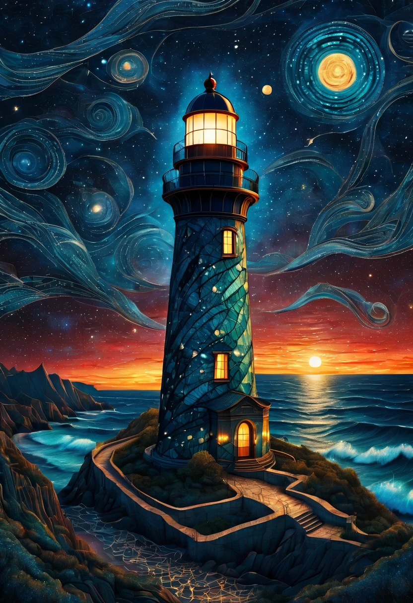 Aerial view, Magical starry cracked sky. zentangle art deco style Lighthouse, art deco style science fiction, magical art deco style future sea in background, vincent van gogh, about the curvature of space time, dark tones, (best quality,4k,8k,highres,masterpiece:1.2),ultra-detailed,(realistic,photorealistic,photo-realistic:1.37), aerial view, from above,