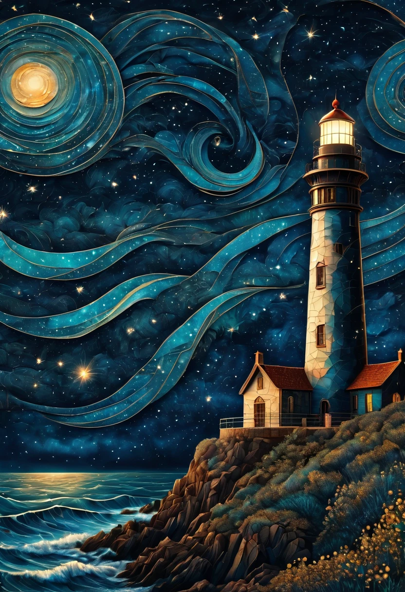 Aerial view, Magical starry cracked sky. zentangle art deco style Lighthouse, art deco style science fiction, magical art deco style future sea in background, vincent van gogh, about the curvature of space time, dark tones, (best quality,4k,8k,highres,masterpiece:1.2),ultra-detailed,(realistic,photorealistic,photo-realistic:1.37), aerial view, from above,