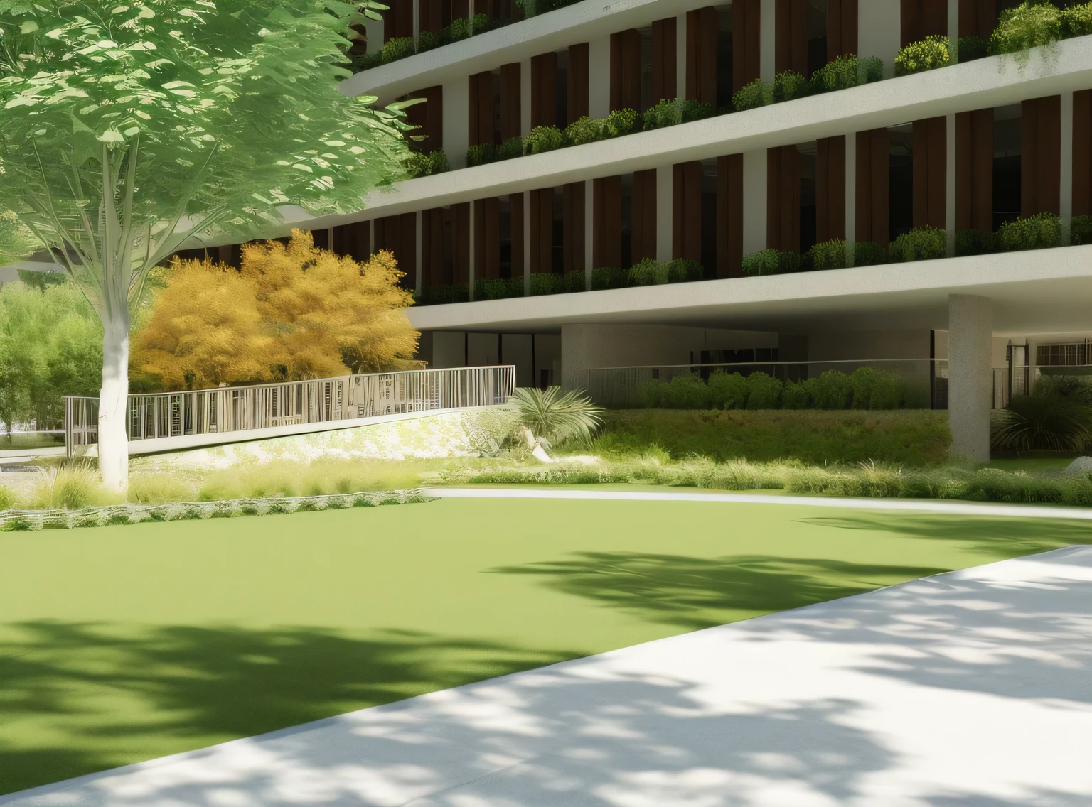 rendering of a courtyard with a walkway and a tree in the foreground, green terrace, architectural render, low angle dimetric rendering, architectural visualisation, detailed rendering, lush surroundings, vibrant greenery outside, lush garden surroundings, green spaces, architectural 3 d render, artistic impression, architectural rendering, insanely detailed rendering, realistic physical rendering, architecture render, high-quality render