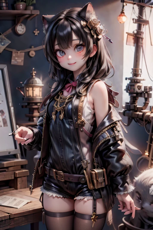 masterpiece, best quality, a cute girl smiling, steampunk engineer, lighthouse