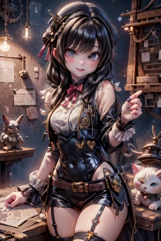 masterpiece, best quality, a cute girl smiling, steampunk engineer, lighthouse 