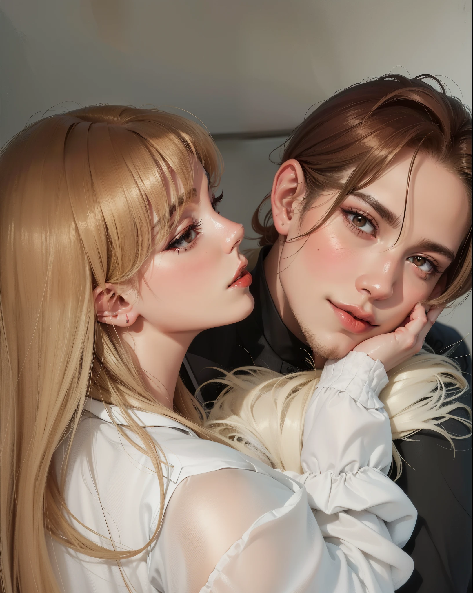 blonde-haired woman with red lipstick and a man with red lipstick, xqc, sakimichan y frank franzzeta, por Eva Frankfurther, flequillo de cortina, Kissing us together beautifully, sakimichan frank franzzeta, by Emma Andijewska, con flequillo, foto de perfil, ariana marca, frank franzzeta y sakimichan, Lv