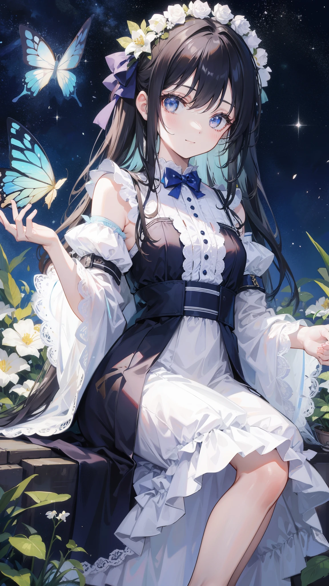 32k, highest quality, expensive_solve, clear_image, detailed background, girl, flower, garden, starry sky, Beautiful modeling, smile, lots of butterflies々,