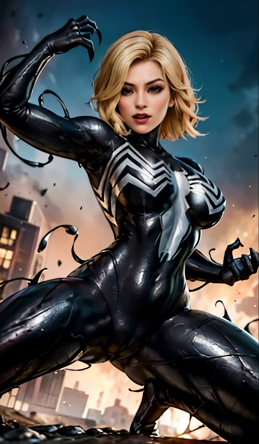 4K,realisticlying,Glamorous,The very detailed,There a girl in Dingcheng,Blonde hair,Wearing a black Spider-Man costume,(Black and white:1.4) the night,symbiote,venomize,a large amount of mucus,she a spiderman,Black superhero theme,In front of the sky,Flushed complexion,( Open legs, camel-toe,, Vulvar shape:1.3),(GGCameltoe:1.3)Legs apart,25 age old,full bodyesbian