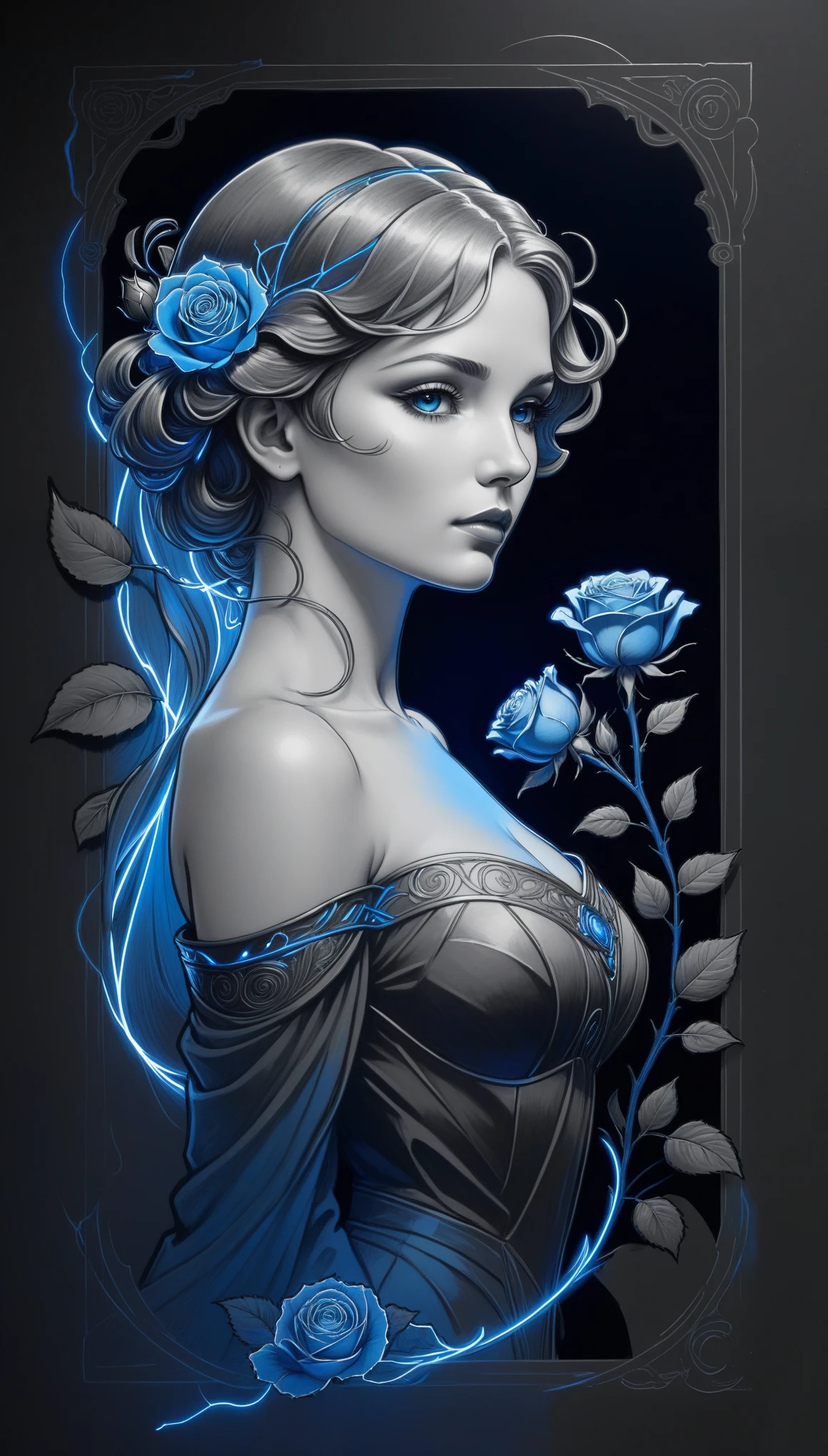 (Pencil_Sketch:1.2, messy lines, greyscale, traditional media, sketch),[[[artist by mucha]]]，On a dark background, blue electric charges form a stylized silhouette of a electric knihgt and frame rose , bioluminescence