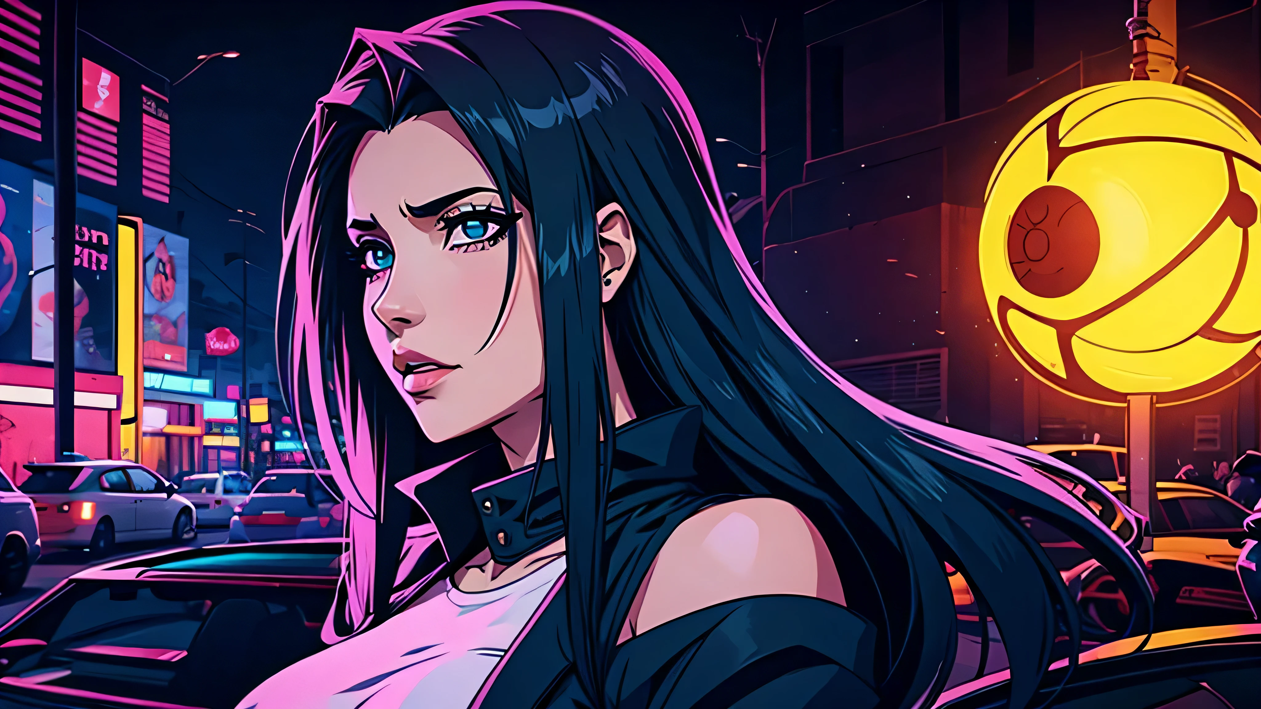 garota de anime, corpo inteiro, sensual, Capa do álbum Anime Phonk Brain Sick, musica, ondas sonoras, com cores amarelo e preto neon