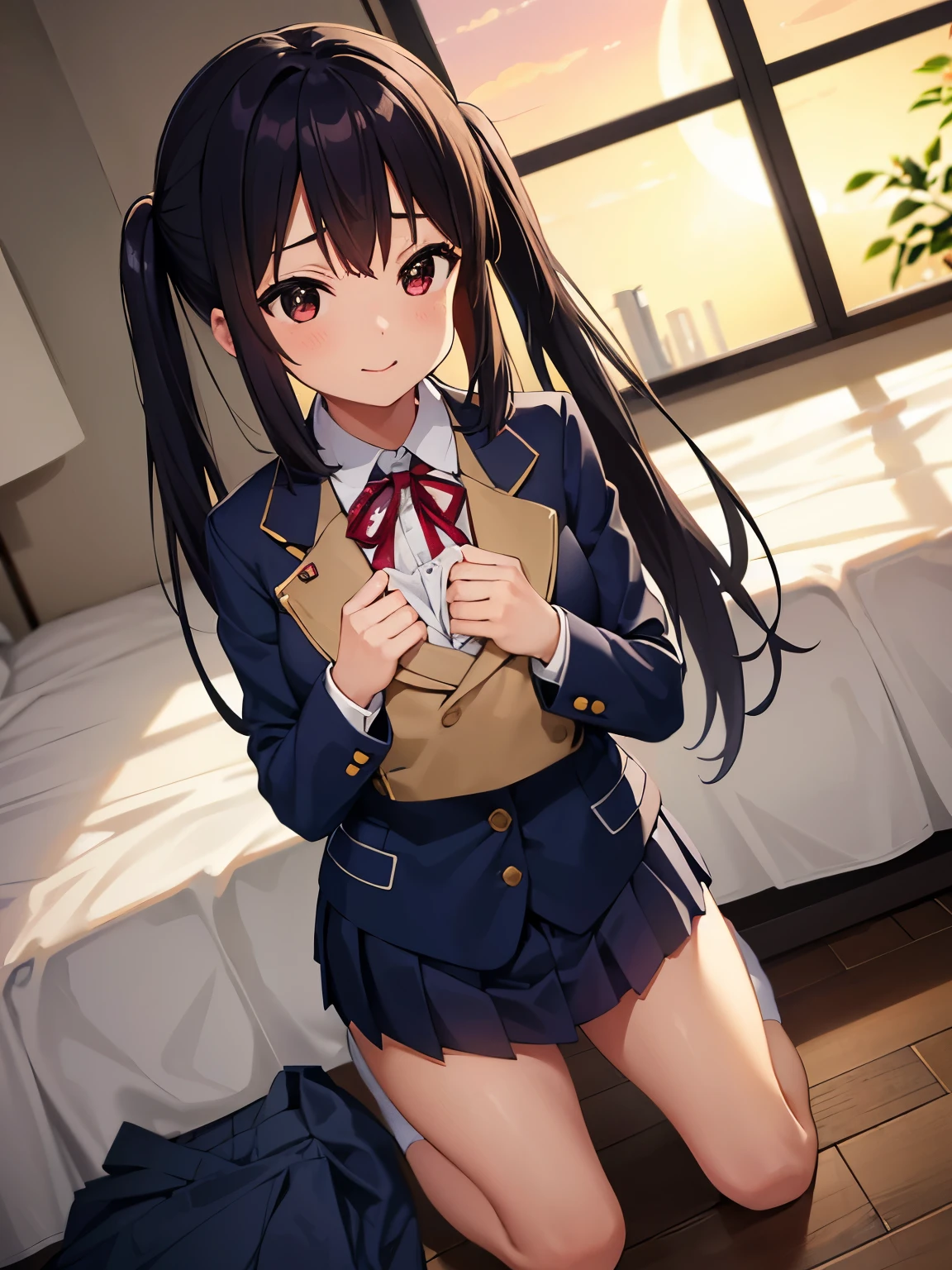 1girl, (((​masterpiece))),(((full body))), wallpaper HD, top-quality, top-quality, High Details, nakano azusa, 1girl, Sakuragaoka High School Uniform, student clothes, Twin-tailed, length hair, A dark-haired, brown-eyed, solo, reddish, Dark blue blazer with thin red ribbon, Solid white buttoned shirt under blazer, sleep on the bed, illustratio, comic strip, soothing tones, Subdued Color, Soft cinematic light, adobe lightroom, photolab, HDR, intricately and hyper-detailed、(((depth of fields))))。(((​masterpiece)))。(((top-quality))).)((ultra-detailliert)))。(((illustratio)))。(((takeout))).dynamic focus.big breasts.(((home))).(((A bedroom))).(((Face of happiness))). open smile mouth.(((up chest))).((morning glow)).((the setting sun)).