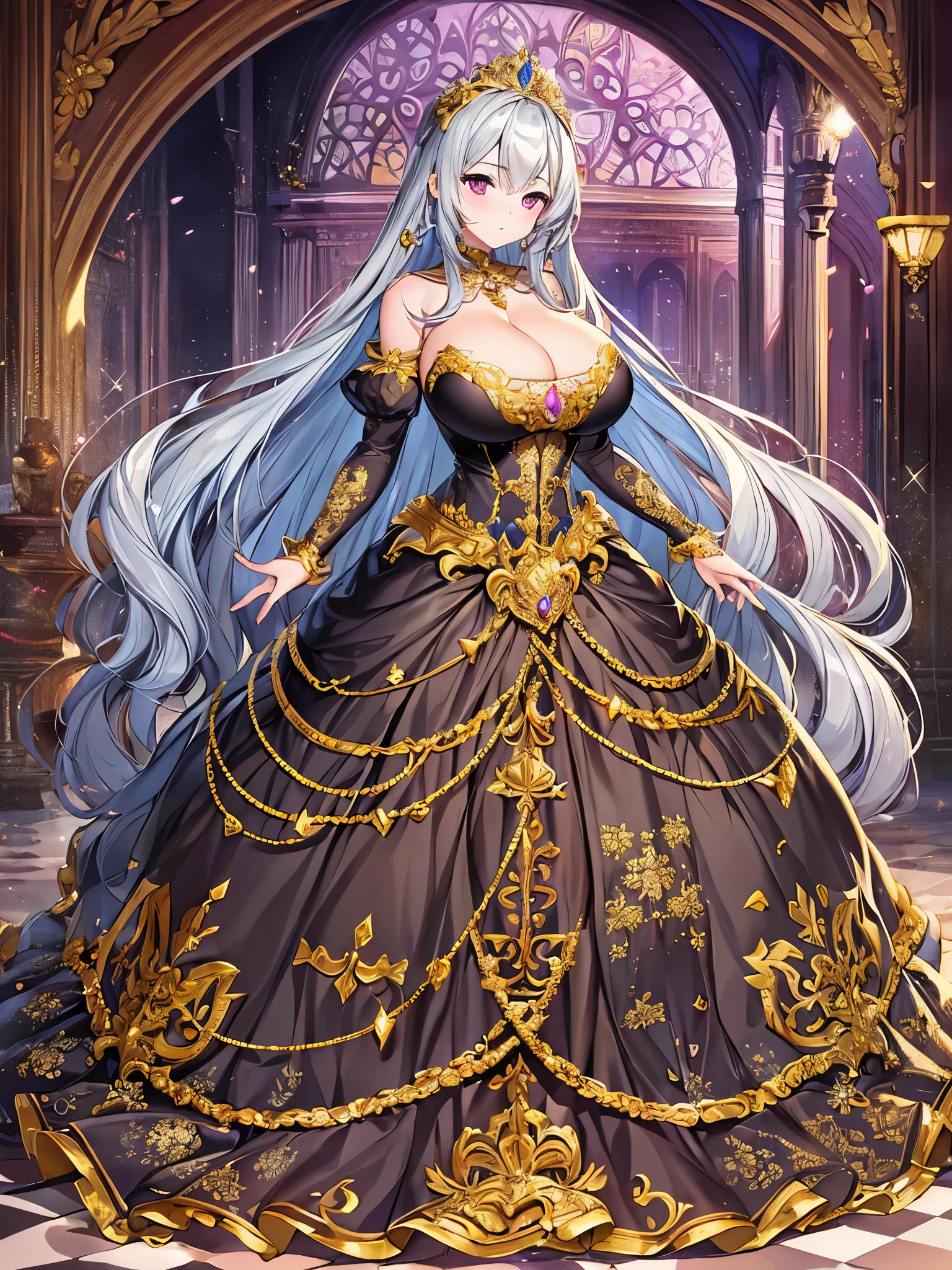 anime artstyle,Masterpiece,Best Quality,Super Detail,Very Delicate and Beautiful,Solo,((full body)),full body portrait,((1 bling-bling princess in a gorgeous embroidery rococo ballgown with jeweled)),(((very very gigantic tits,cleavage,curvy))),Skindentation,((Cathedral,church)),((crinoline,long train)),super detailed gorgeous ballgown with voluminous full length hoop skirt,gorgeous princess rococo ballgown with long train,((gorgeous princess rococo ballgown with beautiful embroidery and jeweled)),(detailed face and eyes),jewel-like eyes,((extremely voluminous straight Hair,Extremely Long Straight Hair)),extremely gorgeous hair ornament,((extremely gorgeous bling-bling big tiara)),bling-bling luxurious jewelry,Beautifully detailed lots of lace and ruffles,(Dynamic Angle),(((super detailed gorgeous princess rococo ballgown with voluminous full length hoop skirt))),full body