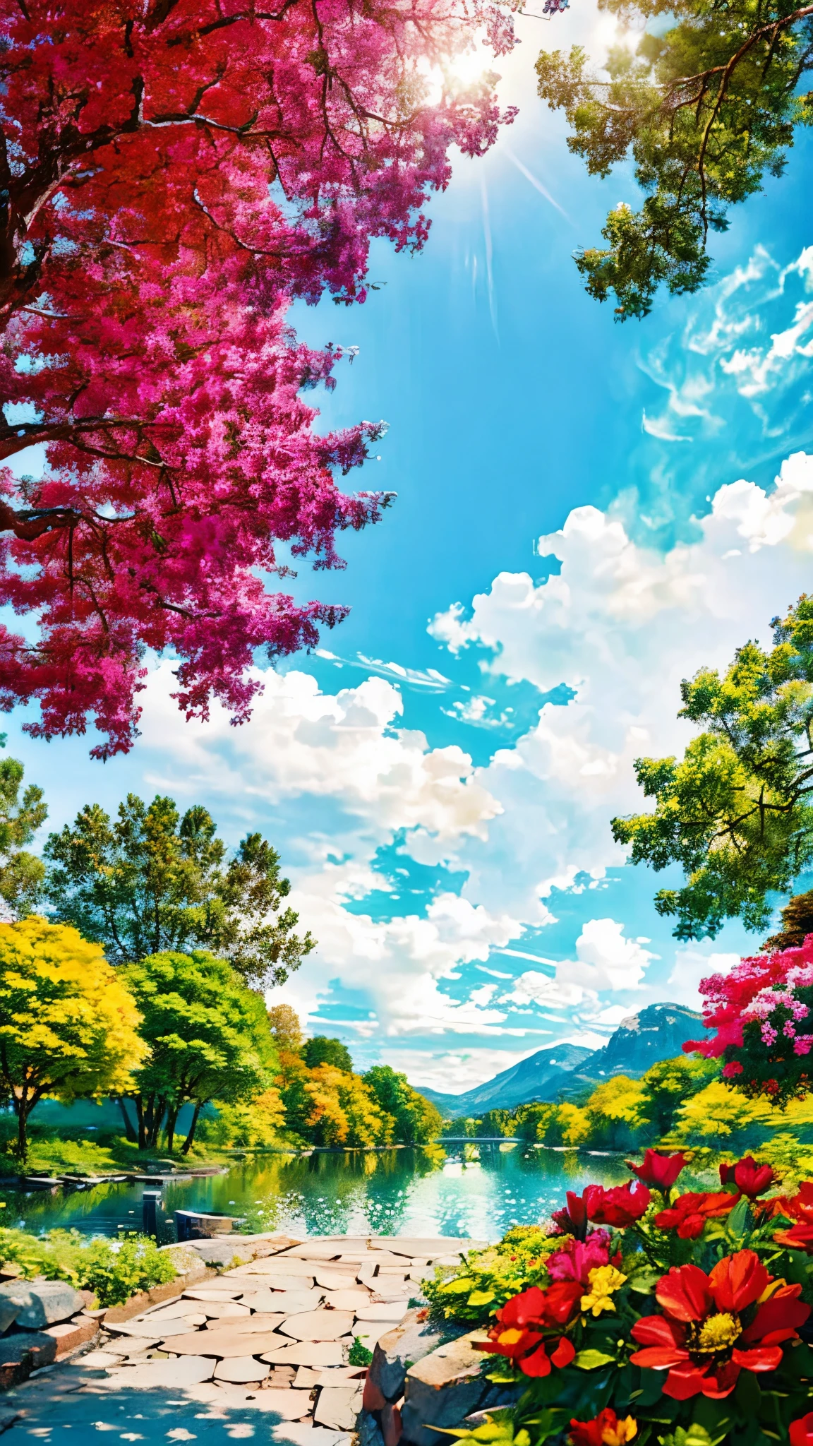 A garden with various colours flowers and trees 