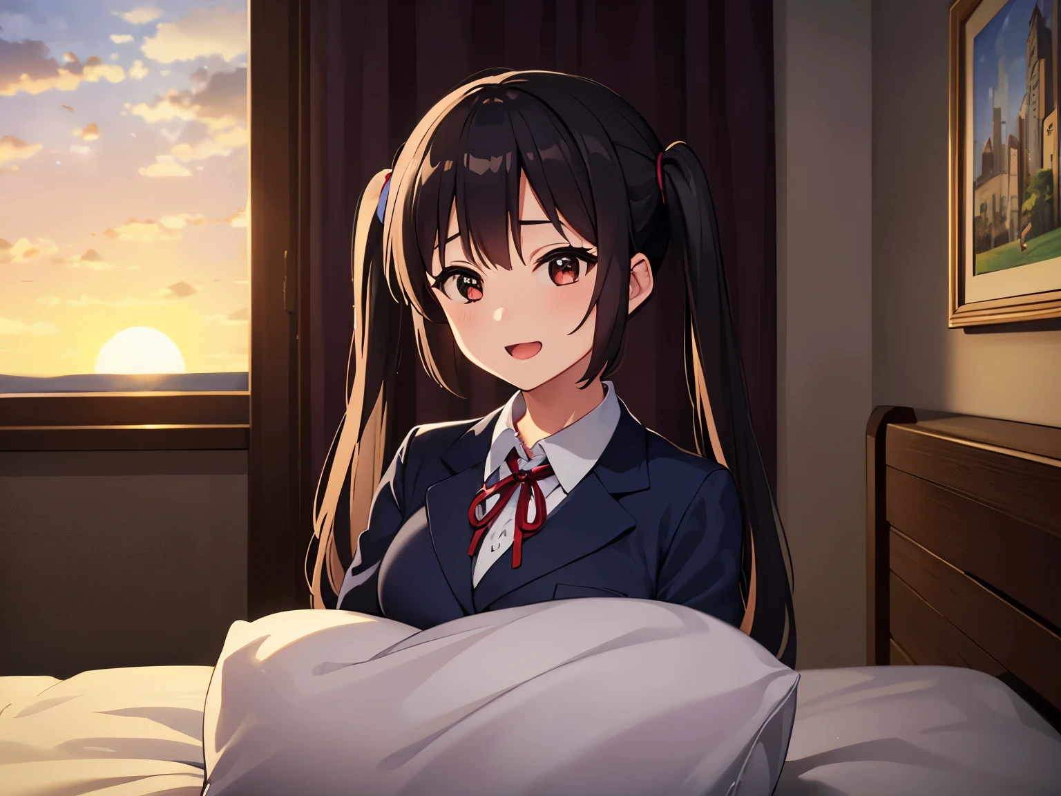 1girl, (((masterpiece))),(((full body))), wallpaper HD, top-quality, top-quality, High Details, nakano azusa, 1girl, Sakuragaoka High School Uniform, student clothes, Twin-tailed, length hair, A dark-haired, brown-eyed, solo, reddish, Dark blue blazer with thin red ribbon, Solid white buttoned shirt under blazer, sleep on the bed, illustratio, comic strip, soothing tones, Subdued Color, Soft cinematic light, adobe lightroom, photolab, HDR, intricately and hyper-detailed、(((depth of fields))))。(((masterpiece)))。(((top-quality))).)((ultra-detailliert)))。(((illustratio)))。(((takeout))).dynamic focus.big breasts.(((home))).(((A bedroom))).(((Face of happiness))). open smile mouth.(((up chest))).((morning glow)).((the setting sun)).