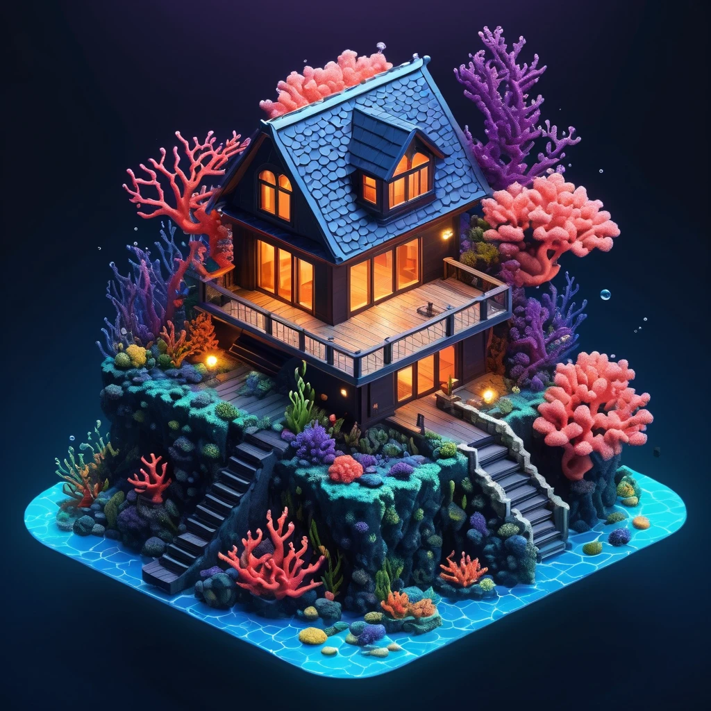 Isometric, a house made of coral, dark fantasy, oceancore, sea bubbles, high quality, hyperdetalization