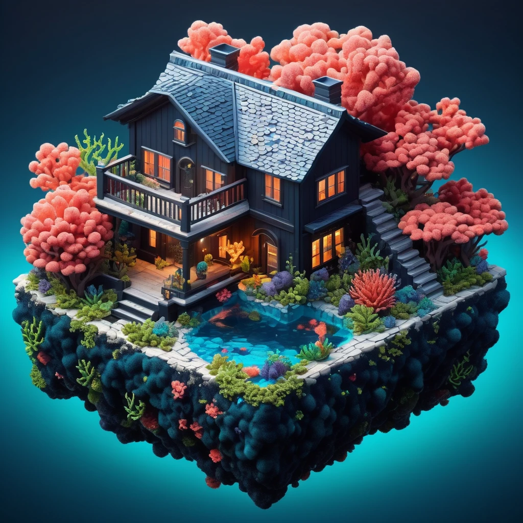 Isometric, a house made of coral, dark fantasy, oceancore, sea bubbles, high quality, hyperdetalization