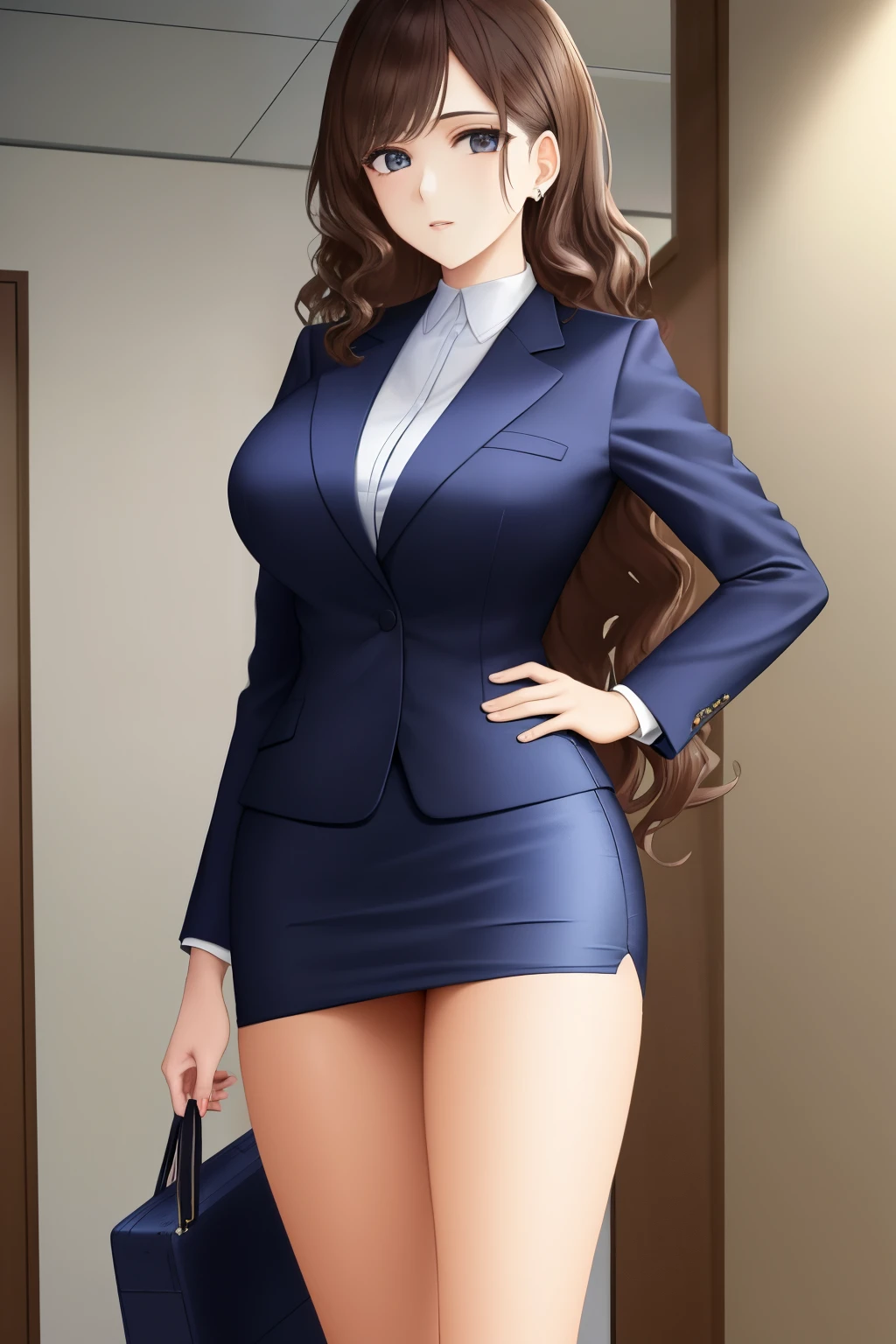 Best quality, highly detailed, masterpiece, young woman in the office, wearing a navy blue business skirt suit, navy blue suit jacket, navy blue pencil skirt, black high heels, pale skin, strong body, hands on hips, long dark brown hair, curly hair, hazel eyes, b-cups, happy, full body