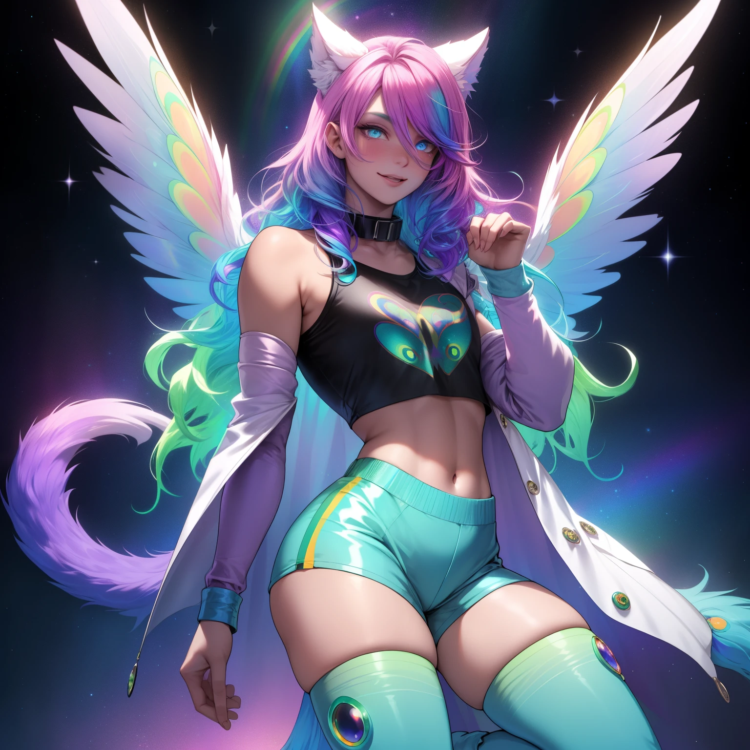a short, skinny, galactic space young boy wearing a peacock inspired rainbow sci fi coat, glowing blue eyes, wearing cropped t-shirt, flat chested, flat chest (SUPER FLAT CHEST) has wolf ears and a wolf tail, wide hips, pink lips, thick thighs, has long wavy rainbow gradient colored sparkly hair with long locks, twink, happy, blushing, flustered, showing thighs, wearing thigh high boots, wearing short shorts, curvy, solo, alone, (SOLO)(ALONE), has long wavy rainbow gradient colored sparkly hair, dynamic pose, dancing pose, wearing collar, happy, has rainbow peacock wings flowing behind him, perfect eyes, photo realistic, masterpiece, flawless