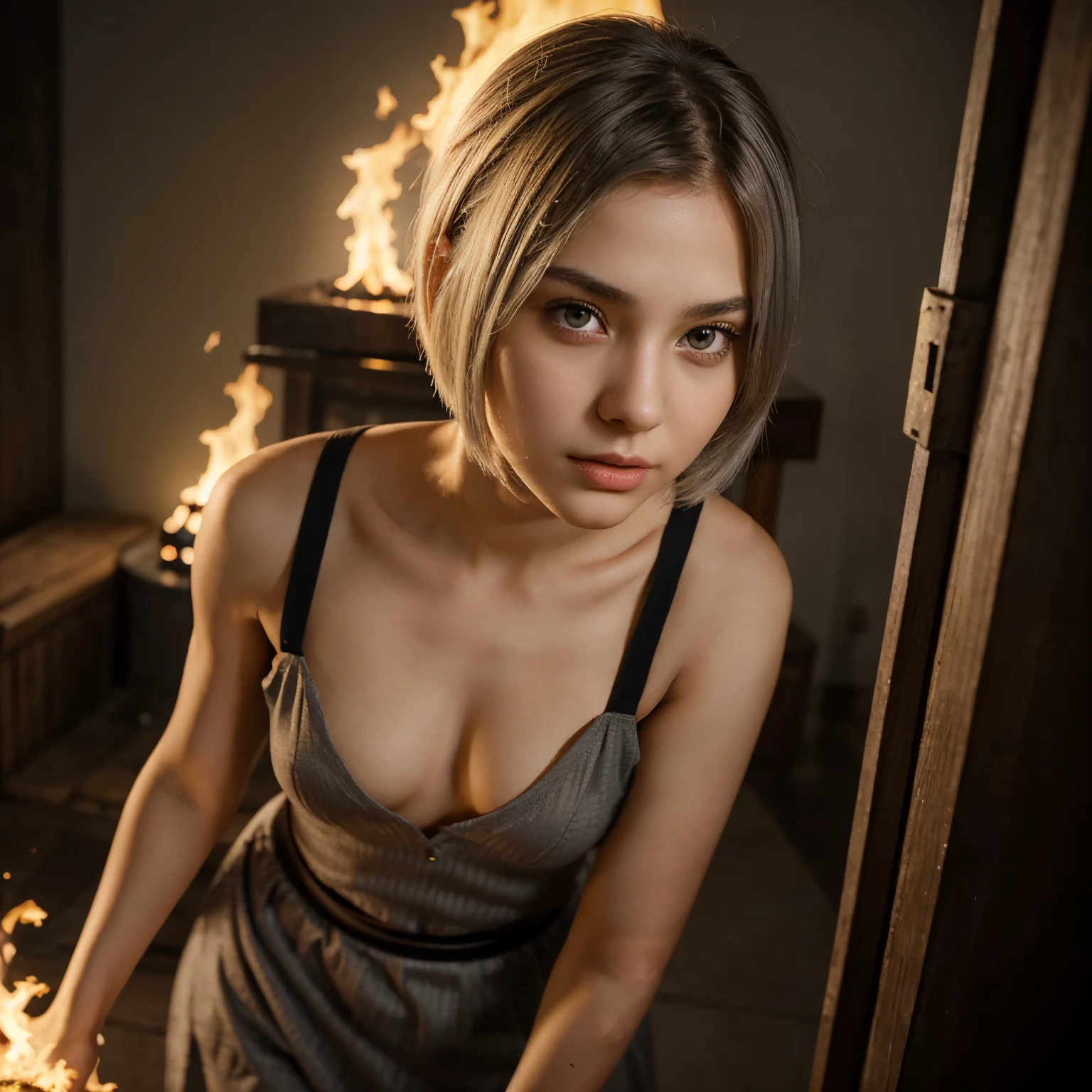 High detail, clarity, 8kk, young girl, , light gray hair, short haircut, yellow eyes, standing on fire, realism, fantasy,sexy, sister of Vijay