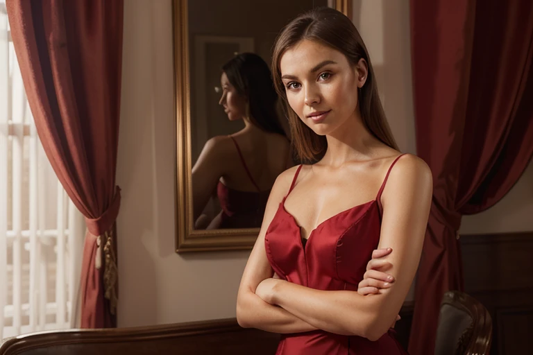 A stunning ultrarealistic photograph of an elegant woman with an intelligent look, wearing a stylish dress. She has a subtle smile on the corner of her mouth and her arms crossed. The background is a deep, rich red that adds a dramatic touch to the image. The overall atmosphere is sophisticated and captivating, with the woman's poise and expression drawing the viewer in.