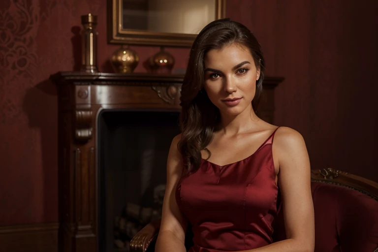 A stunning ultrarealistic photograph of an elegant woman with an intelligent look, wearing a stylish dress. She has a subtle smile on the corner of her mouth and her arms crossed. The background is a deep, rich red that adds a dramatic touch to the image. The overall atmosphere is sophisticated and captivating, with the woman's poise and expression drawing the viewer in.