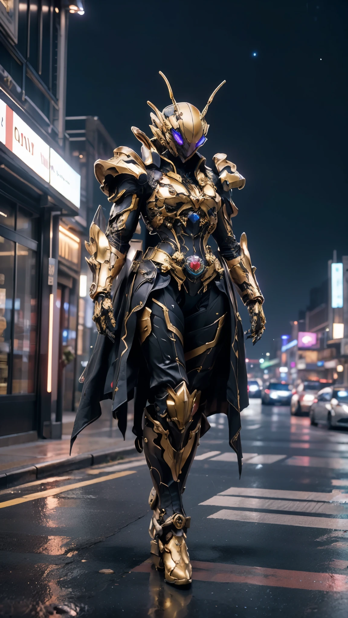 A woman adorned in fantasy-style full-body armor, a crown-concept fully enclosed helmet that unveils only her eyes, a composite layered chest plate, fully encompassing shoulder and hand guards, a lightweight waist armor, form-fitting shin guards, the overall design is heavy-duty yet flexible, ((the armor gleams with a golden glow, complemented by red and blue accents)), exhibiting a noble aura, she floats above a fantasy-surreal high-tech city, this character embodies a finely crafted fantasy-surreal style armored hero in anime style, exquisite and mature manga art style, (Queen bee mixed with Spider concept Armor, photorealistic:1.2, real texture material:1.2), ((night sky, city night view, elegant, goddess, femminine:1.5)), Unreal Engine 5, metallic, high definition, best quality, highres, ultra-detailed, ultra-fine painting, extremely delicate, professional, anatomically correct, symmetrical face, extremely detailed eyes and face, high quality eyes, creativity, RAW photo, UHD, 32k, Natural light, cinematic lighting, masterpiece-anatomy-perfect, masterpiece:1.5