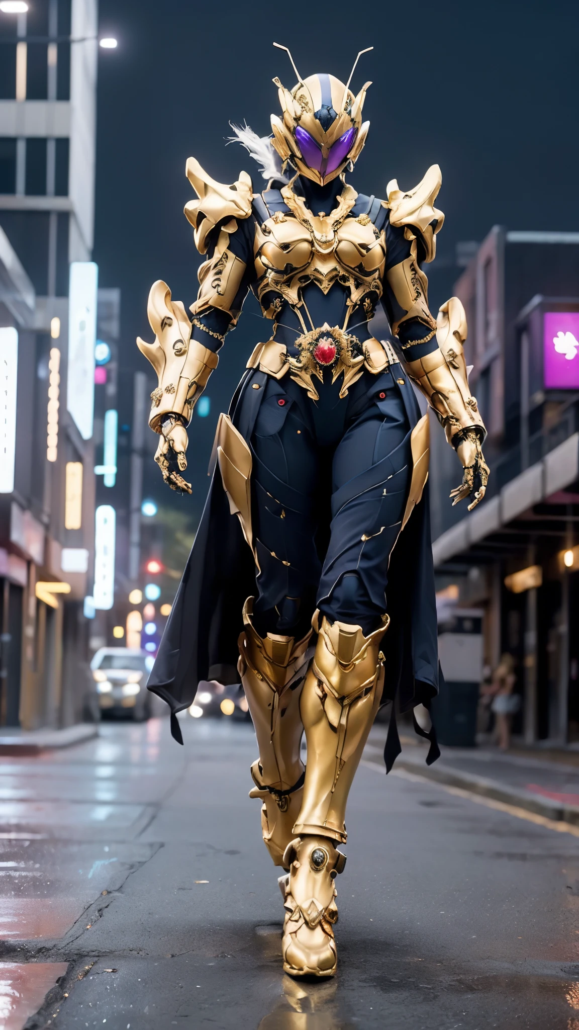 A woman adorned in fantasy-style full-body armor, a crown-concept fully enclosed helmet that unveils only her eyes, a composite layered chest plate, fully encompassing shoulder and hand guards, a lightweight waist armor, form-fitting shin guards, the overall design is heavy-duty yet flexible, ((the armor gleams with a golden glow, complemented by red and blue accents)), exhibiting a noble aura, she floats above a fantasy-surreal high-tech city, this character embodies a finely crafted fantasy-surreal style armored hero in anime style, exquisite and mature manga art style, (Queen bee mixed with Spider concept Armor, photorealistic:1.2, real texture material:1.2), ((night sky, city night view, elegant, goddess, femminine:1.5)), Unreal Engine 5, metallic, high definition, best quality, highres, ultra-detailed, ultra-fine painting, extremely delicate, professional, anatomically correct, symmetrical face, extremely detailed eyes and face, high quality eyes, creativity, RAW photo, UHD, 32k, Natural light, cinematic lighting, masterpiece-anatomy-perfect, masterpiece:1.5