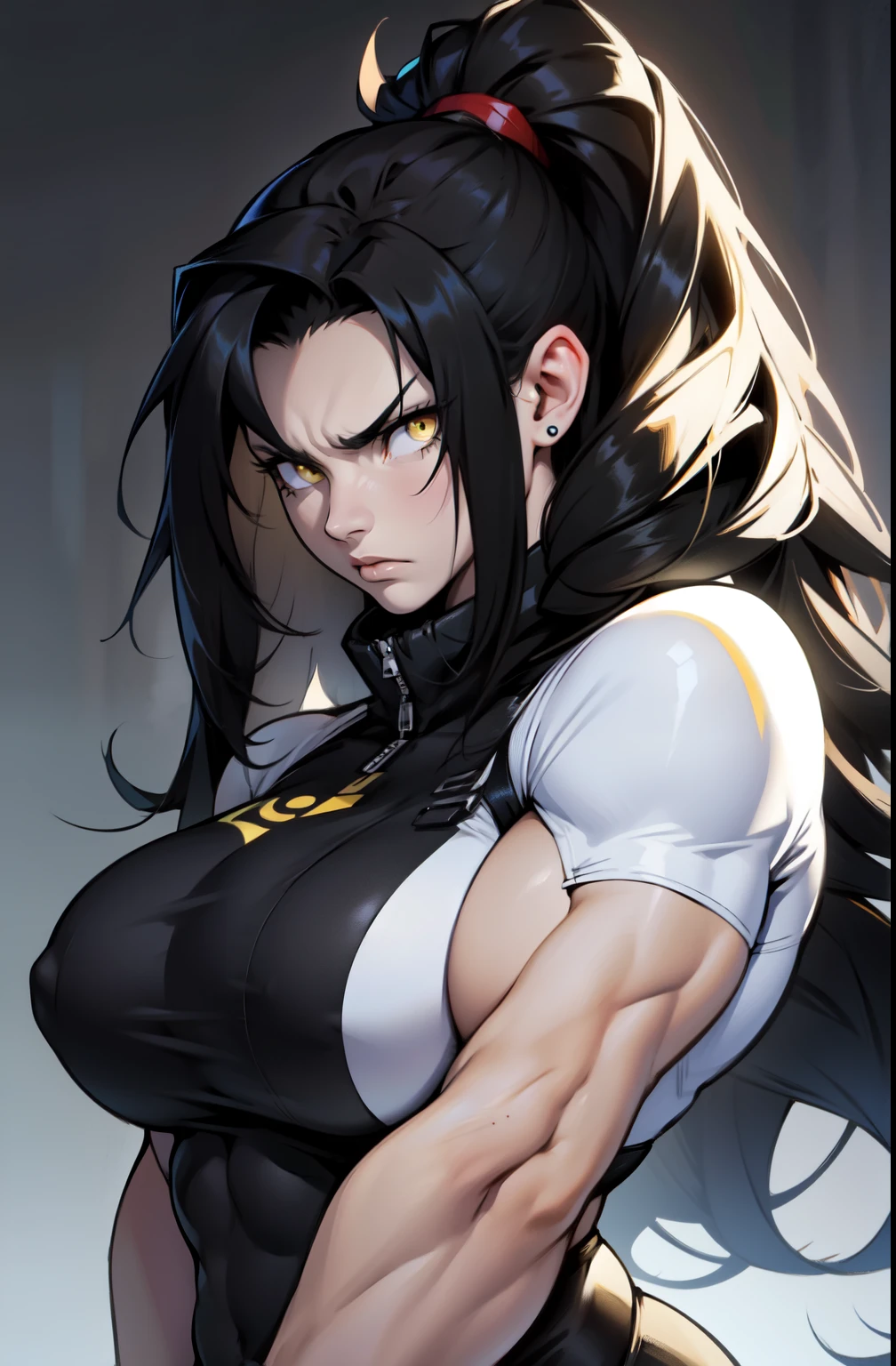 huge hair huge muscles girl frown pale skin black hair yellow eyes female