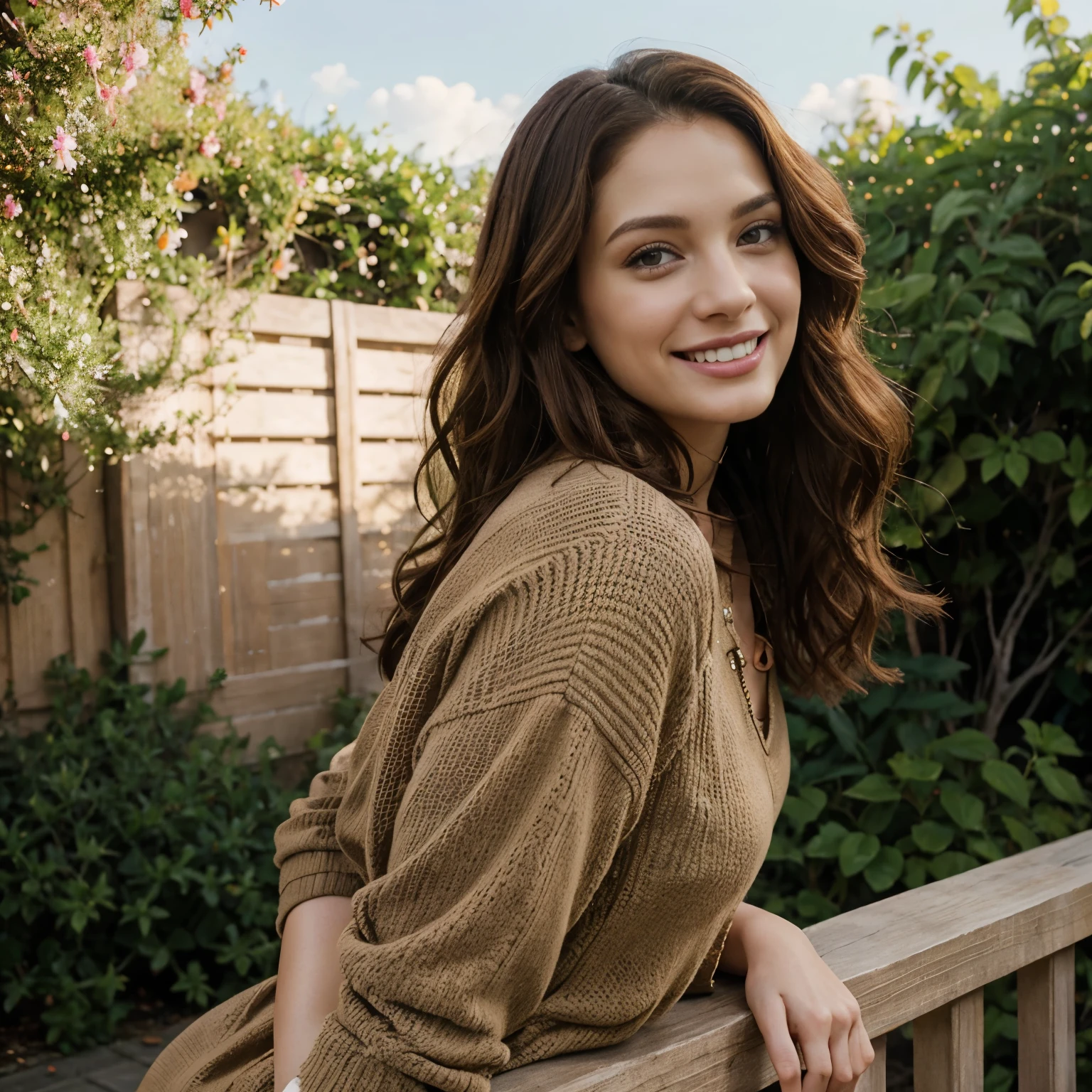 side pose of a Masterpiece, (Morena Baccarin:Christina Hendricks:0.5), beautiful model, wearing trendy outfit, smiling and watching sky, long curly brown hairs, brown eyes, happy face, realistic photography