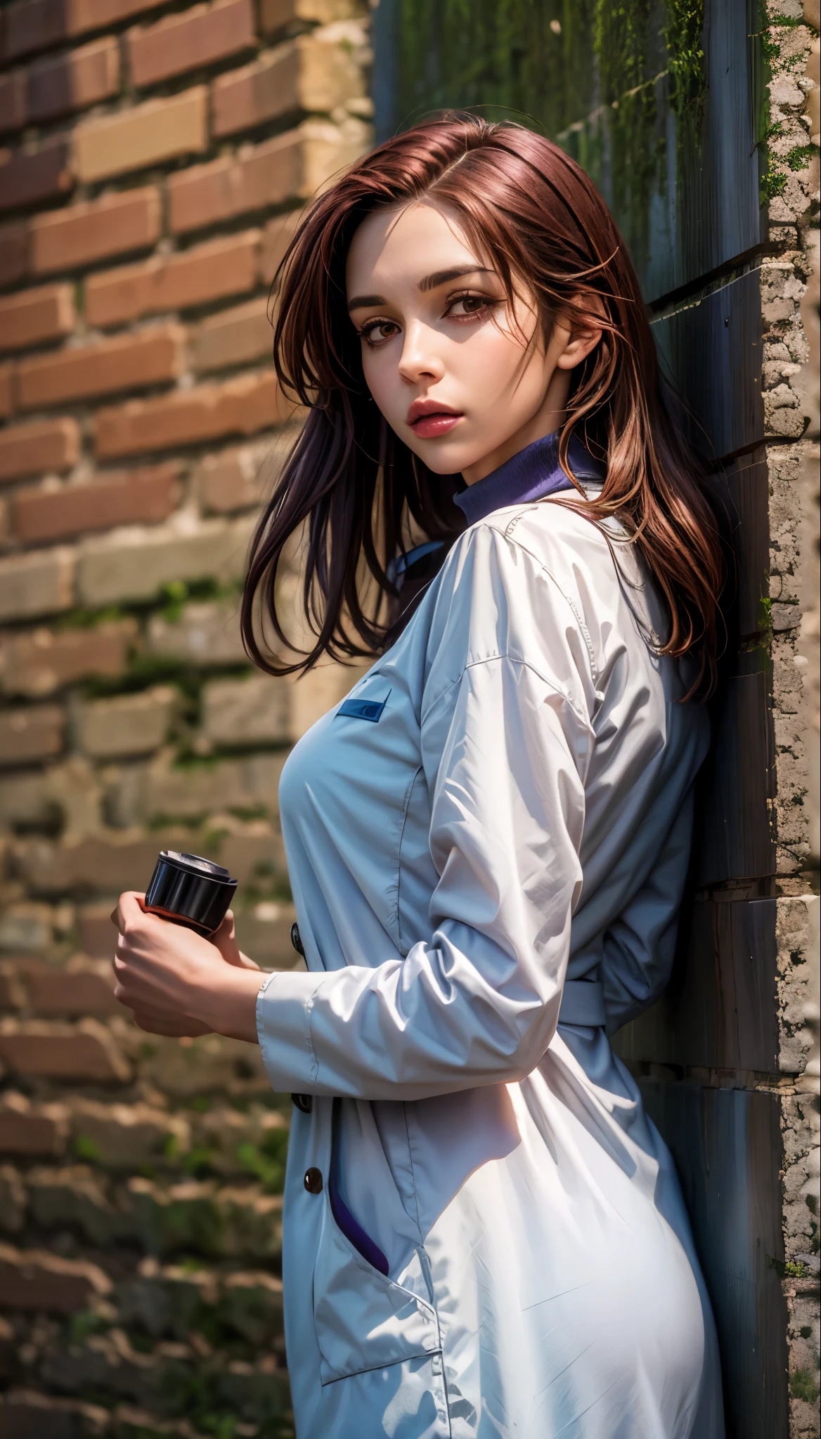 photorealistic, (4k), depth of field, (Masterpiece), (realistic skin texture), extremely detailed, intricate, hyper detailed, professional photography, bokeh, high resolution, sharp detail, best quality, girl, aShoko, long hair, brown hair, brown eyes, eyebags, purple eyeshadow, blue turtleneck, labcoat,  dynamic pose, (leaning back against a wall), park, outdoors, cobblestone path, grass,