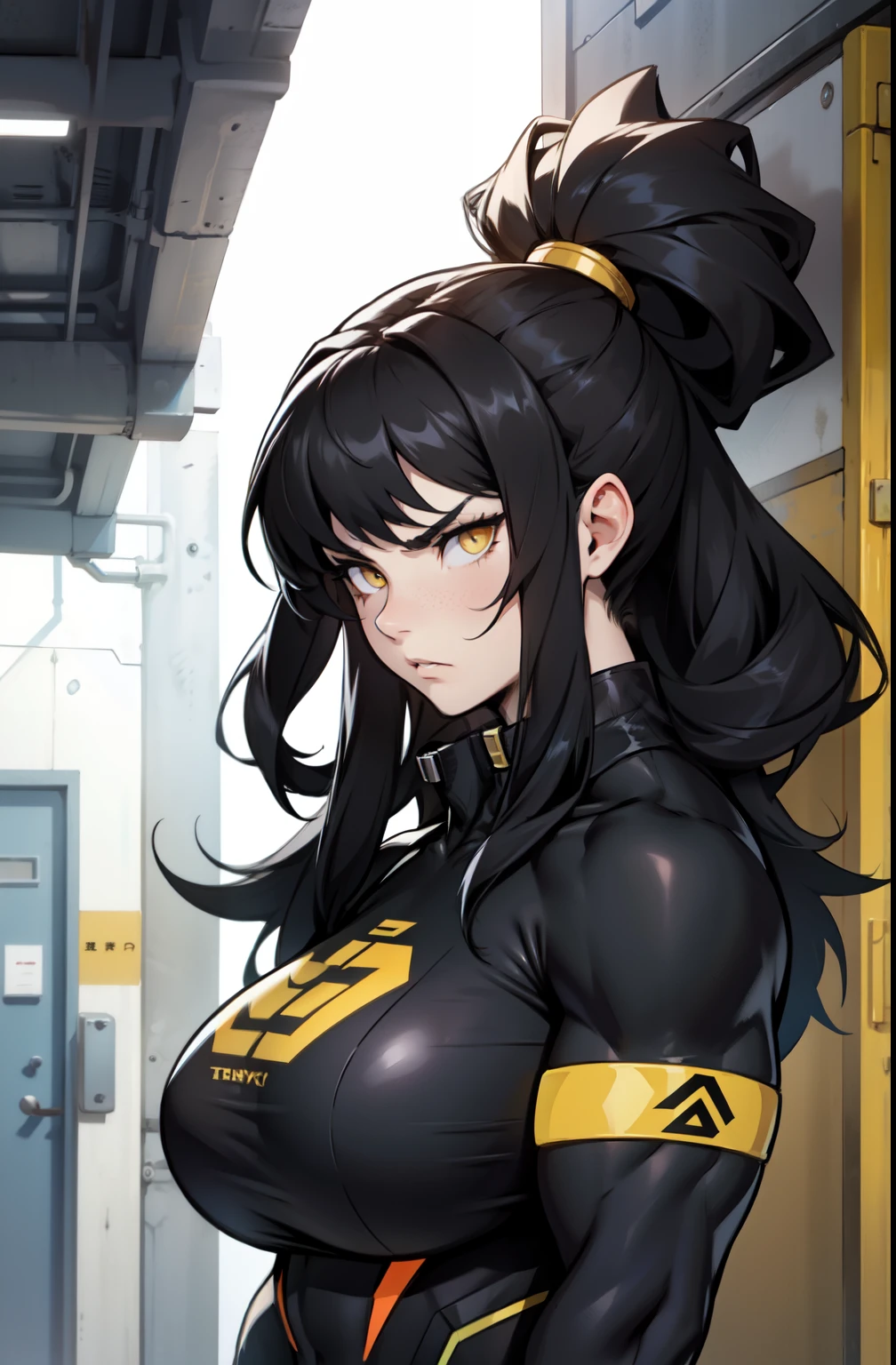 an angry muscular girl with long silky black hair and yellow eyes dark atmosphere