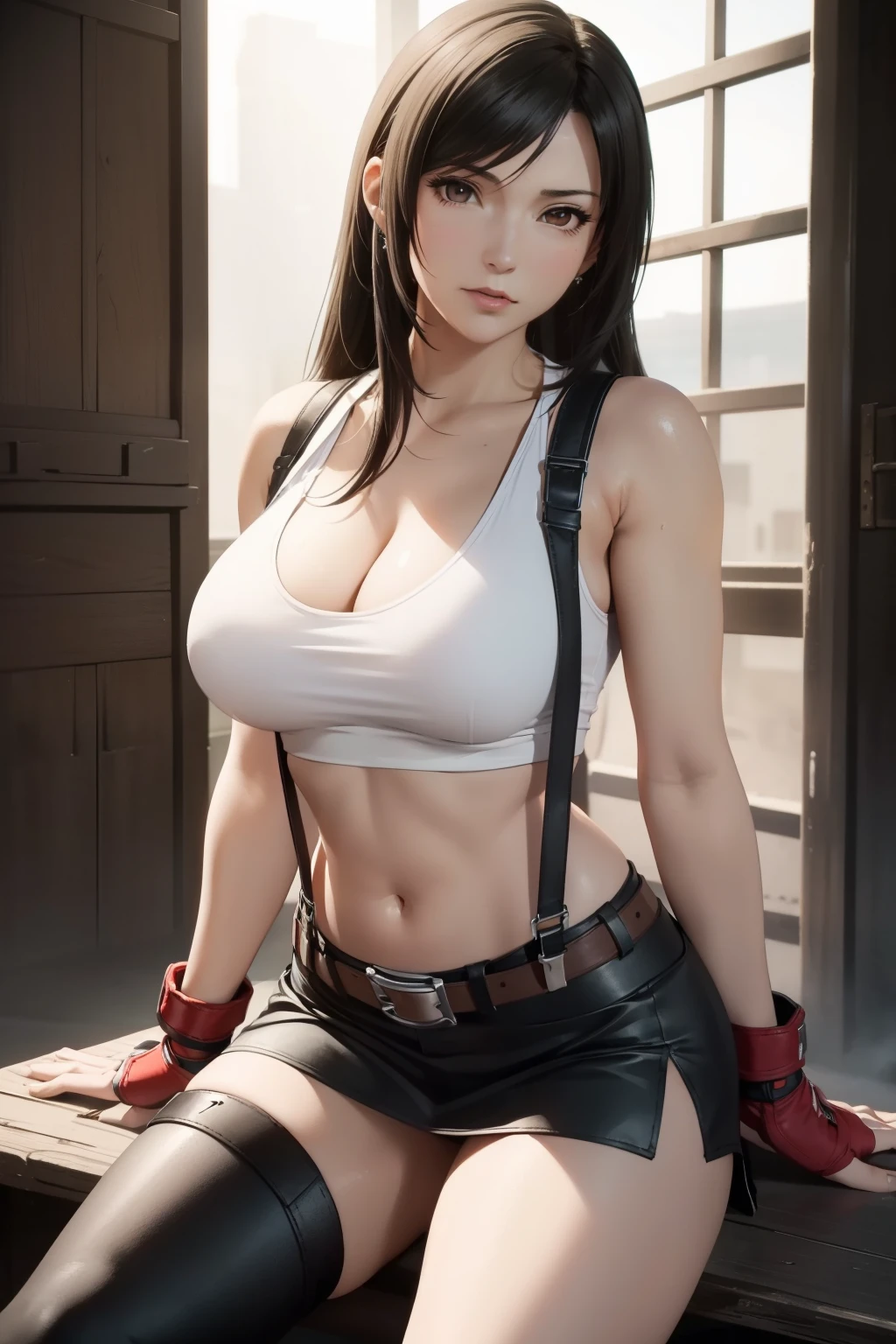 (masterpiece, best quality, cinematic, photorealistic, ultra-detailed), 1girl, sexy body, (Tifa Lockhart), (wide shot, from the front:1.5), perfect hands, wide hips, (bursting breasts, large cleavage:1.3), round ass, (Tifa has very dark hair, varying brown to black, which typically falls on her back and is tied at the tips to form a dolphin-tail split), (Tifa wears a white tank top and black miniskirt with a belt and suspenders:1.5), (dons red and black gloves that extend to her elbows, red boots, black socks, and a metal guard on her left elbow.:1.2), (seductive pose, sitting crossed-legs:1.4), (detailed eyes, detailed pupil)