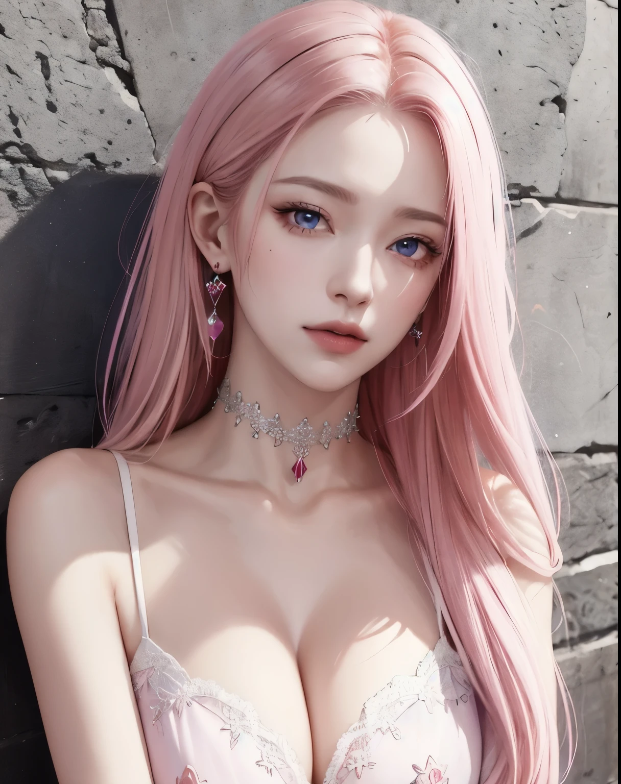 (masterpiece, best quality, 1girl, solo, intricate details, chromatic aberration), realistic, ((medium breath)),long hair, pink hair, red head ornament, pink highlights, hair over one eye,purple eyes, earrings, sharp eyes, choker, no clothes (symmetry eyes),(perfect symmetrical body),against wall, brick wall, graffiti, dim lighting, alley ,look at viewer, showing her nicket boob