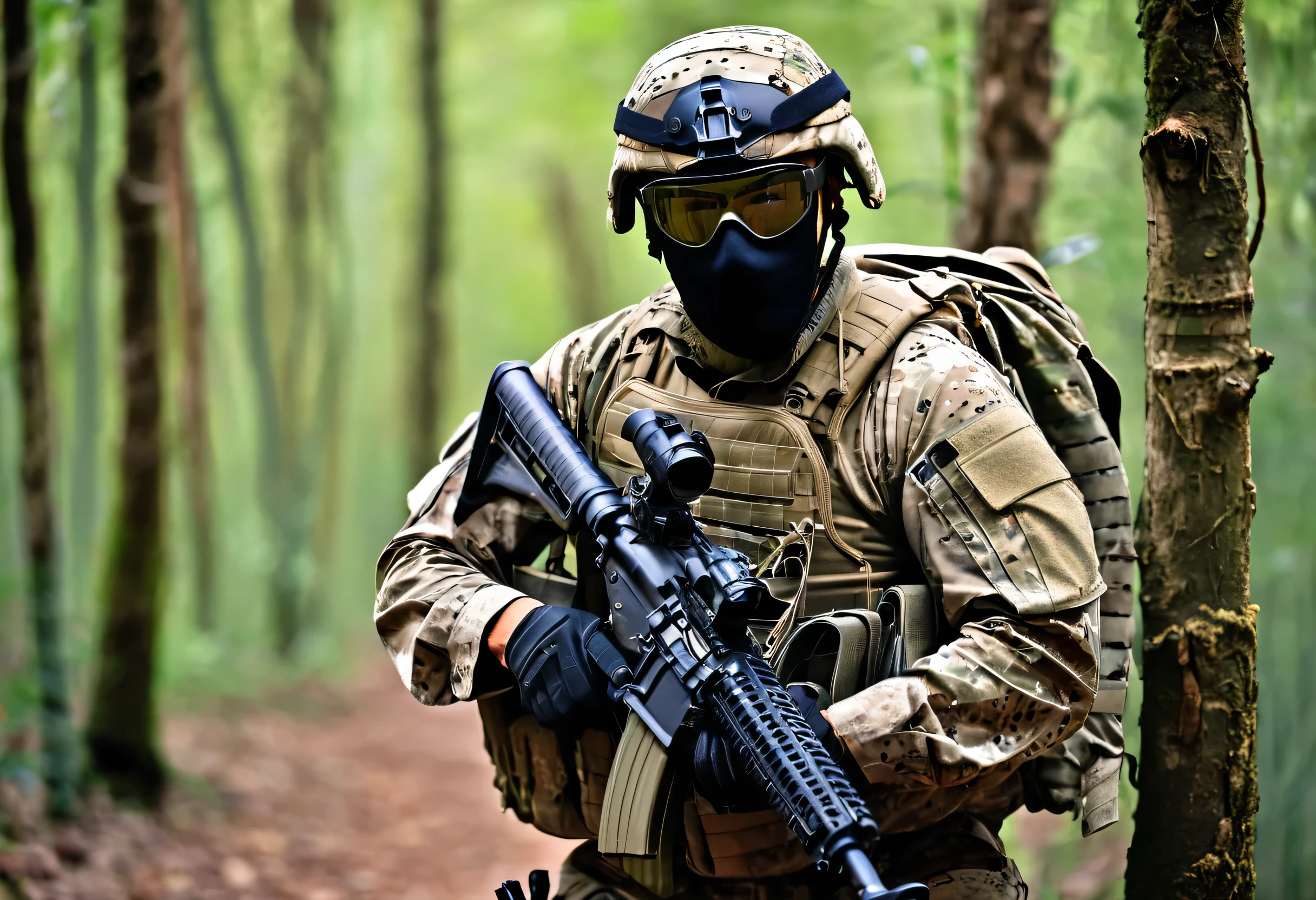 arafed soldier with a gun and a mask on, wearing tactical gear, dressed in tactical armor, modern military gear, male soldier in the forest, special forces security, miltary, holding rifle, portrait of a navy seal soldier, camouflaged gear, man is carrying a rifle, ready for combat, holding a mp7, with rifle in hands