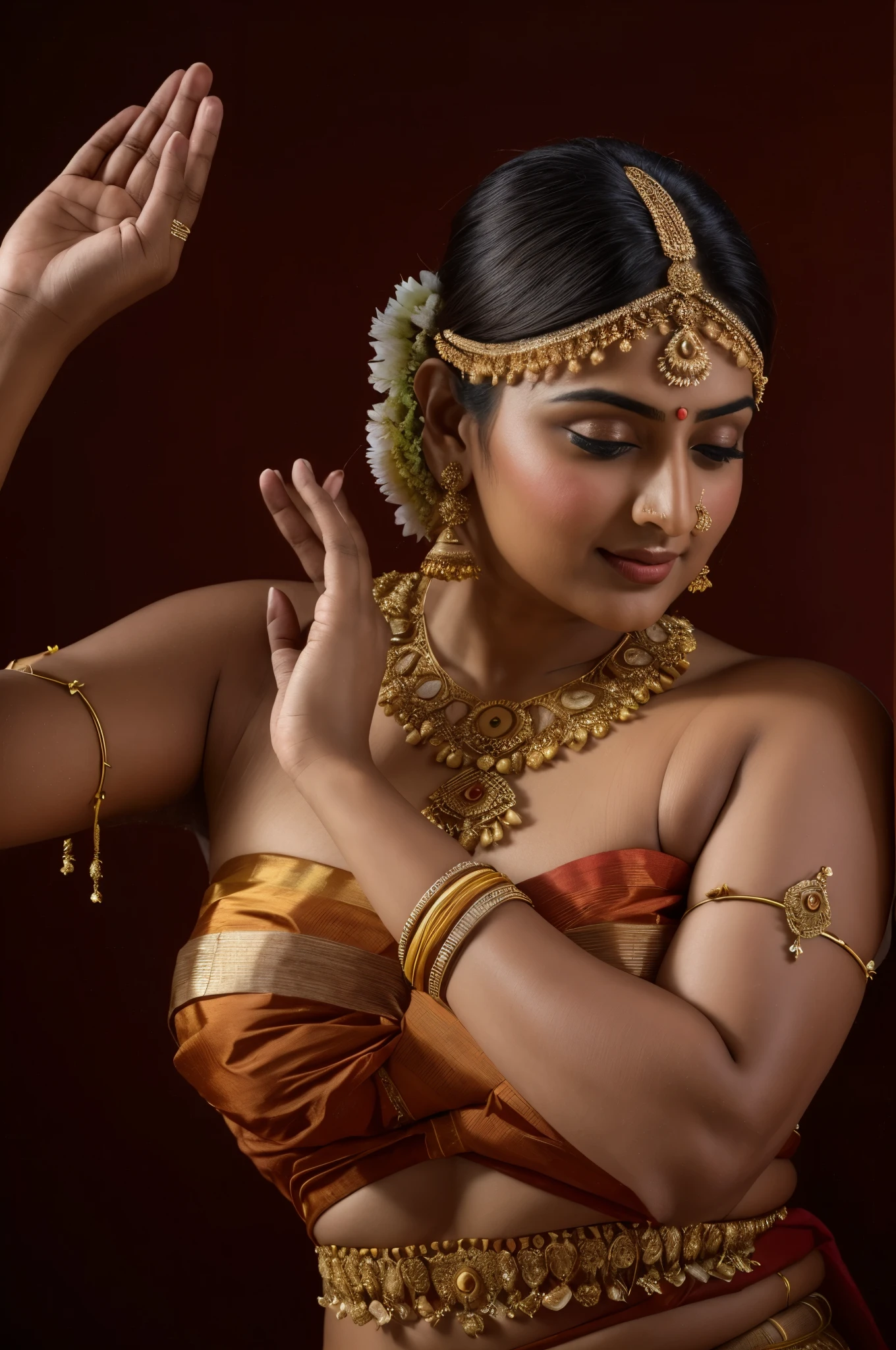 Foto RAW, photorealistic, photography, full body shot, master shot, perfect eyes, goddess like beauty, pierced eyes, perfect thick chubby mallu Desi aunty bhabhi, Wearing a Stanapatta, a chest-band.Saree model, model Photography, Indian saree shoot, Indian traditional wear advertising photography, traditional wear brand shoot, face of Indian actress Sonakshi Sinha, masterpiece, realistic, realism, incredible details,  pleasure, photorealism, detailed skin, skin pores, high contrast, photorealistic Artstation 8k HD digital art trend of high definition and detailed realistic skin texture, ultra detail, realistic skin texture, armature, best quality, ultra high definition, (photorealistic:1.4),, high resolution, detail, raw photo, sweat, Re sharp, by Lee Jefferies Nikon D850 Film Stock Photo 4 Kodak Portra 400 Camera F1.6 Lens Rich Color Ultra Real Realistic Realistic Textures Dramatic Lighting Unreal Engine Trending at Art Station Cinestill 800,(pele altamente detalhada: 1.2), 8k UHD, DSLR, soft-lighting, alta qualidade, grain of film, Fujifilm XT3,she didn't like to wear blouse or bra, she is happy to wear only saree, she hates blouse or bra, detailed hairy armpits,