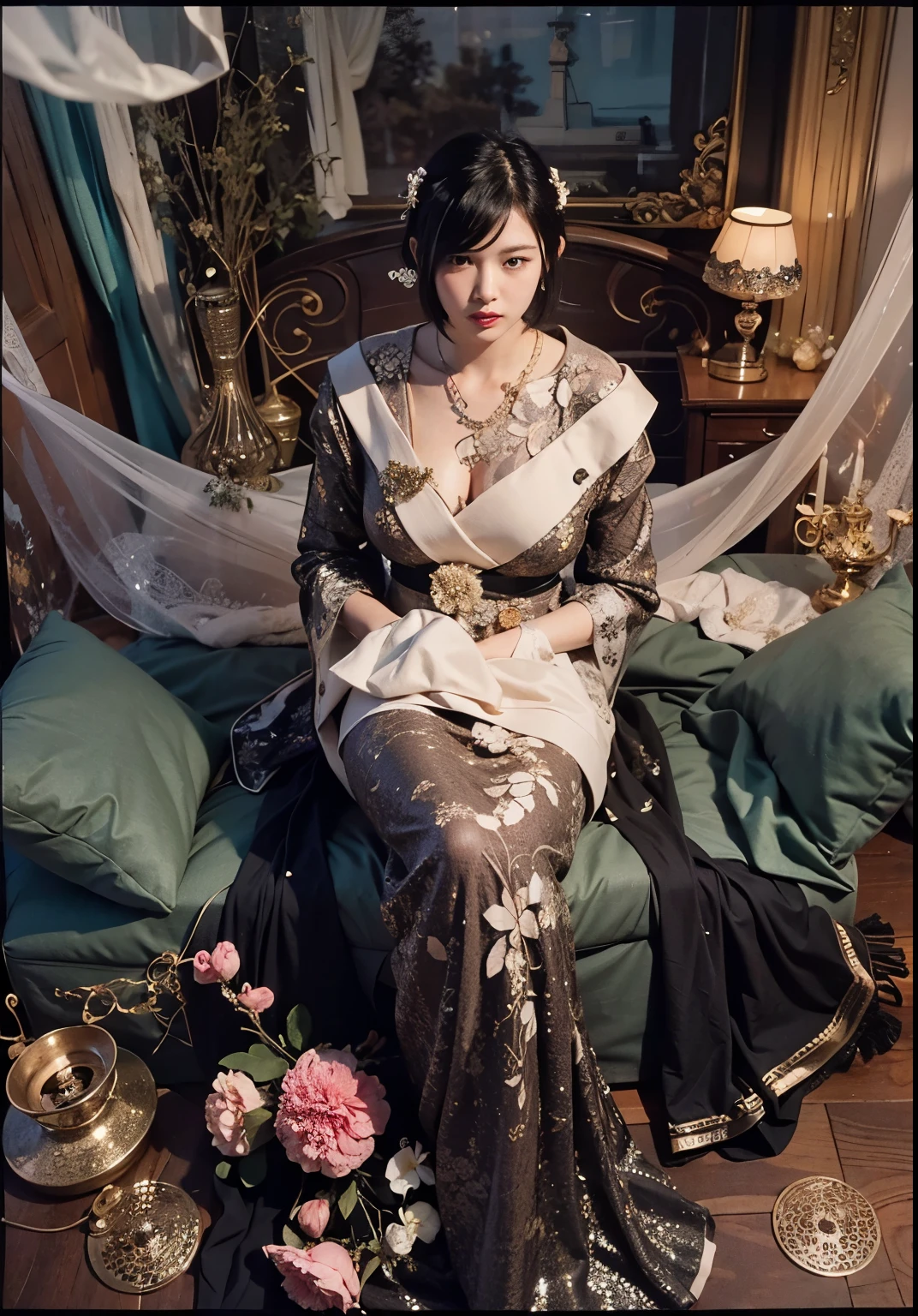 (Best quality, 8k, 32k, Masterpiece, UHD:1.2) "Generate a captivating artwork featuring a young Japanese girl model with short, sleek black hair styled in a chic bob haircut. Envision her bathed in dramatic cinematic lighting, creating an atmosphere of allure and mystery. Emphasize a romantic aesthetic vibe, showcasing the model in a poised and elegant pose that evokes a sense of intimacy and sophistication. Utilize warm and soft tones to enhance the romantic ambiance, and consider incorporating elements like flowing fabrics or flowers to add a touch of ethereal beauty. Capture the essence of romance and beauty through the model's expression, the play of light and shadows, and the overall aesthetic, creating a visually compelling and emotionally resonant piece." (perfect eyes), flawless skin, flawless face, cinematic, tight body, ((well-proportion female hands)), ((female hands with five digits)) ((Body is well proportioned)), ((chic bob haircut)),