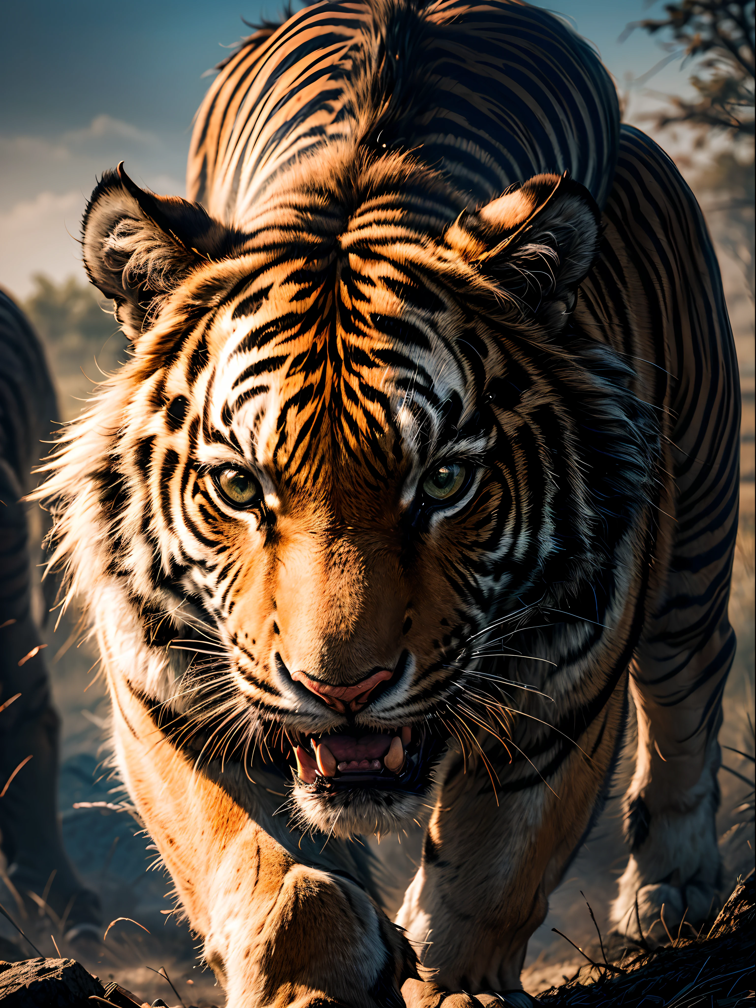 (8K, Foto CRU, melhor qualidade, mesa:1.2), Um poderoso tigre ataca, muscle tension, Depicts the capture of a buffalo in the wild. A intensidade dos olhos do tigre, Garras afiadas crescem, Retrata momentos intensos de desafios da natureza. A poeira sobe por toda parte, Capturing the raw essence of a predator hunt.