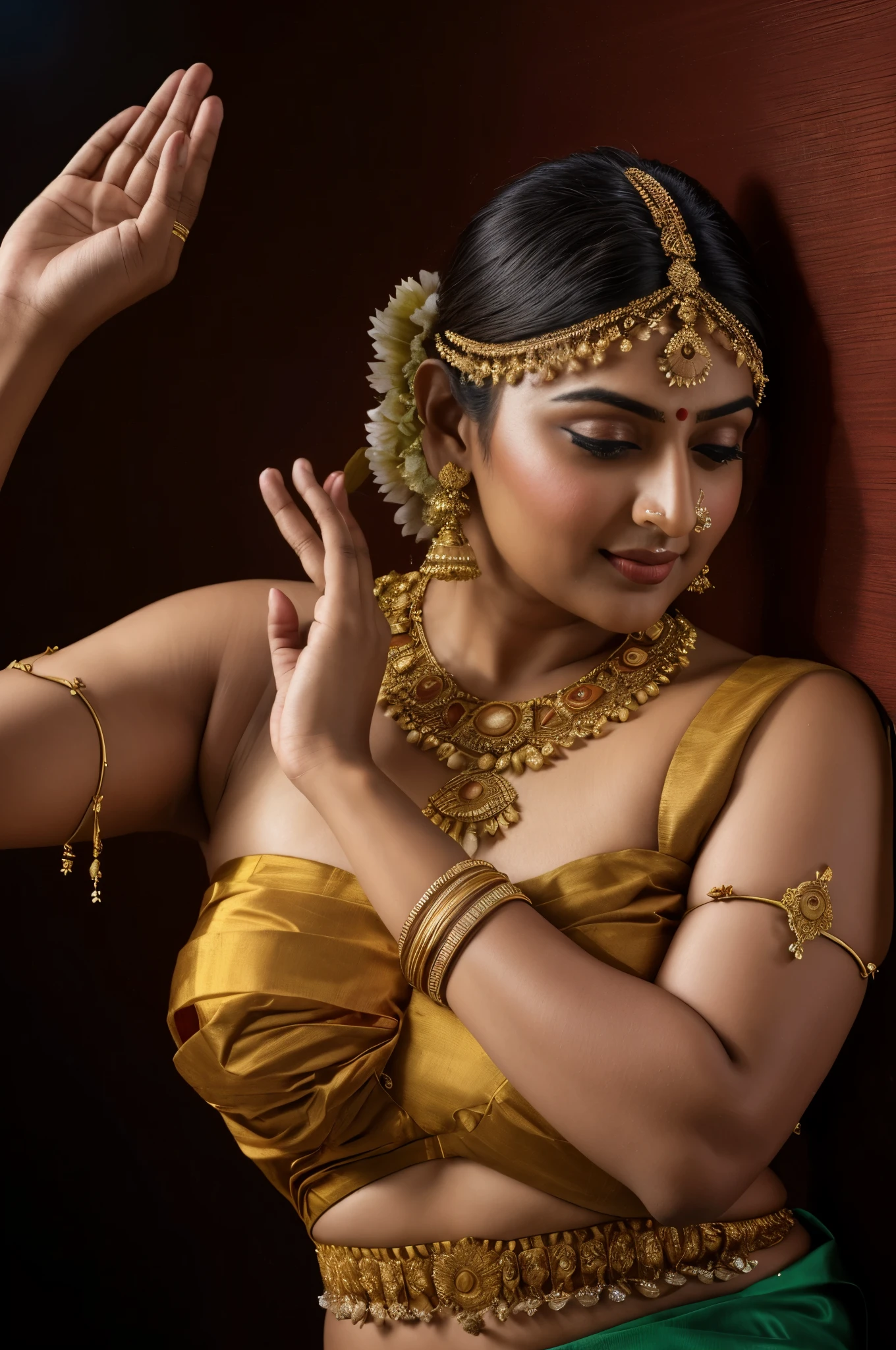 Foto RAW, photorealistic, photography, full body shot, master shot, perfect eyes, goddess like beauty, pierced eyes, perfect thick chubby mallu Desi aunty bhabhi, Wearing a Stanapatta, a chest-band.Saree model, model Photography, Indian saree shoot, Indian traditional wear advertising photography, traditional wear brand shoot, face of Indian actress Sonakshi Sinha, masterpiece, realistic, realism, incredible details, pleasure, photorealism, detailed skin, skin pores, high contrast, photorealistic Artstation 8k HD digital art trend of high definition and detailed realistic skin texture, ultra detail, realistic skin texture, armature, best quality, ultra high definition, (photorealistic:1.4),, high resolution, detail, raw photo, sweat, Re sharp, by Lee Jefferies Nikon D850 Film Stock Photo 4 Kodak Portra 400 Camera F1.6 Lens Rich Color Ultra Real Realistic Realistic Textures Dramatic Lighting Unreal Engine Trending at Art Station Cinestill 800,(pele altamente detalhada: 1.2), 8k UHD, DSLR, soft-lighting, alta qualidade, grain of film, Fujifilm XT3,she didn't like to wear blouse or bra, she is happy to wear only saree, she hates blouse or bra, detailed hairy armpits,