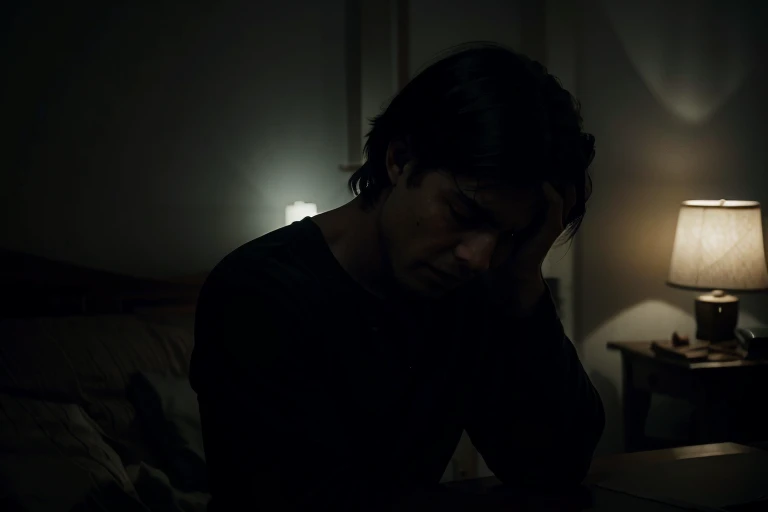 A dark, cinematic scene of a man sitting alone in a dimly lit room, surrounded by shadows. He is clutching his head in pain, with a sad smile on his face. A single tear rolls down his cheek, while a faint, ghostly laughter echoes in the background. The atmosphere is heavy with sorrow and anguish, with a sense of isolation and despair., cinematic