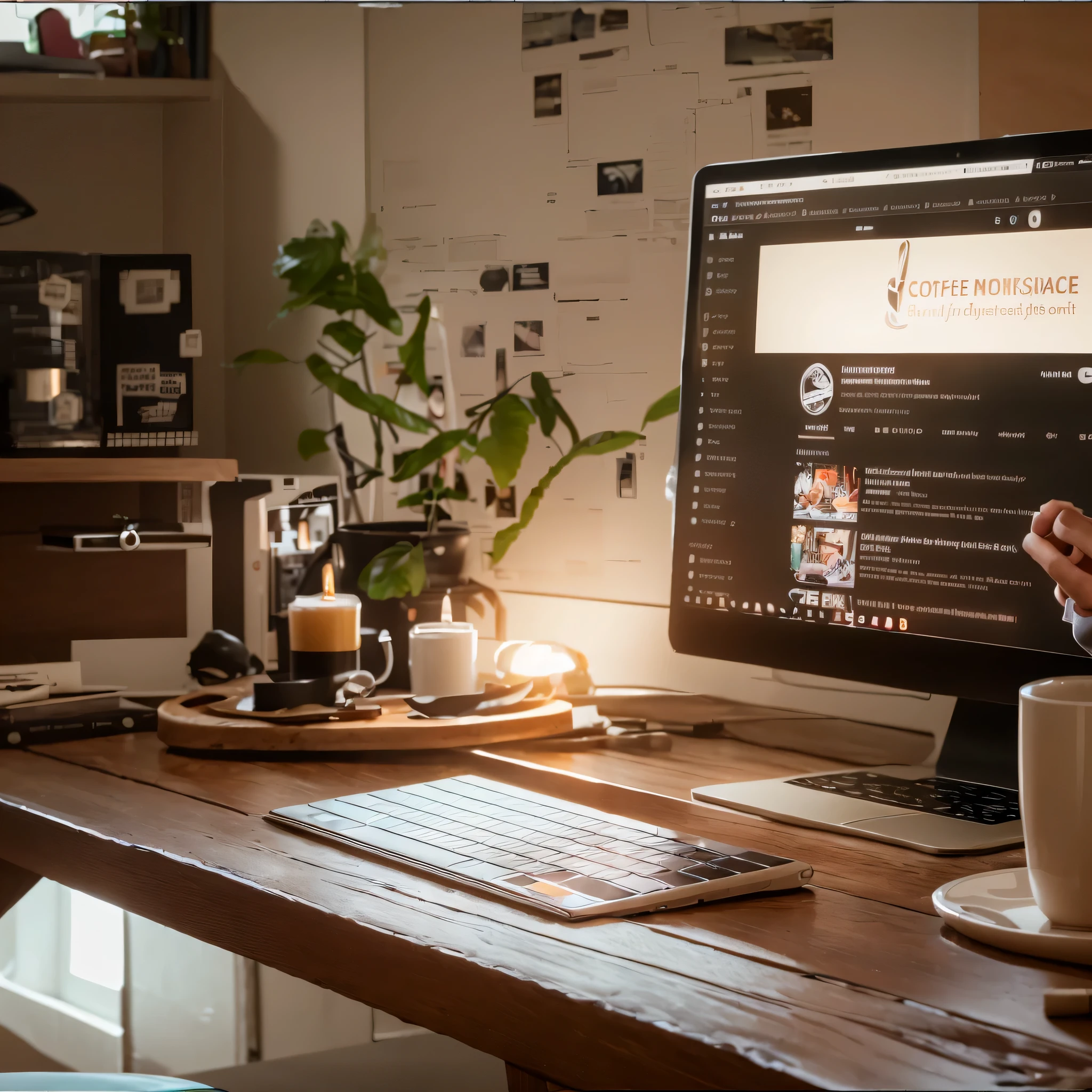 There&#39;computer on desk、There&#39;s coffee, Best of Adobe Stock, screenshot of youtube video, portrait shot, Trending on Pexels, Accurately drawn, on a dark background, widescreen shot, computer screenshot, Top selection when canceling splash, digitally enhanced, Trending on Unsplash, shutter stock, Amazingly composed images, Golden hour in the morning, On wooden desk