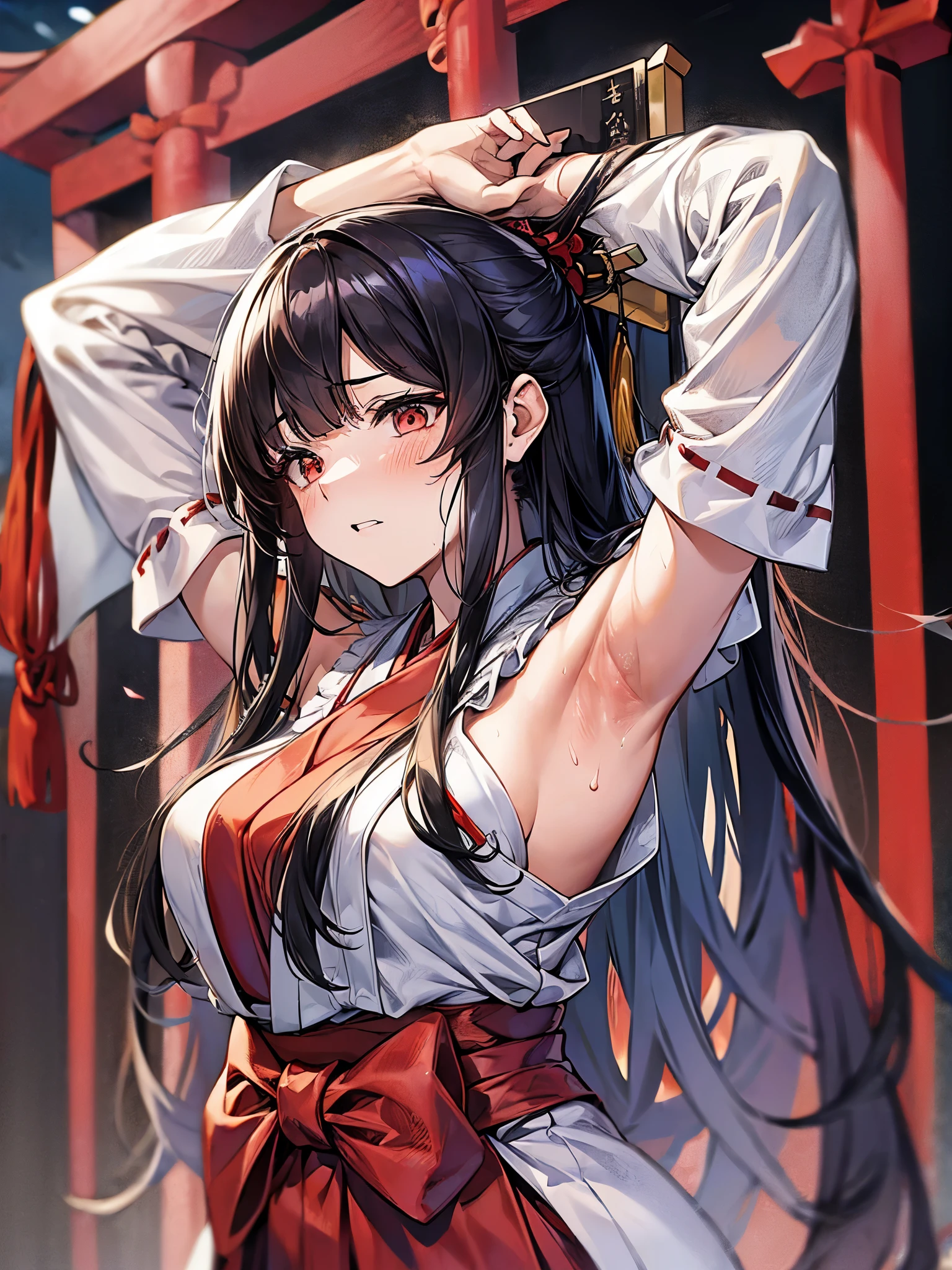 (((A black, long-haired older sister shyly shows off her armpits.:1.3))),(((white shrine maiden costume:1.3、red hakama:1.3))),(((sweaty:1.3))),(((embarrassing))),(((face flushed:1.3))),(((shrine))),(((bangs:1.3)))、(((long white shrine maiden gloves:1.3)))