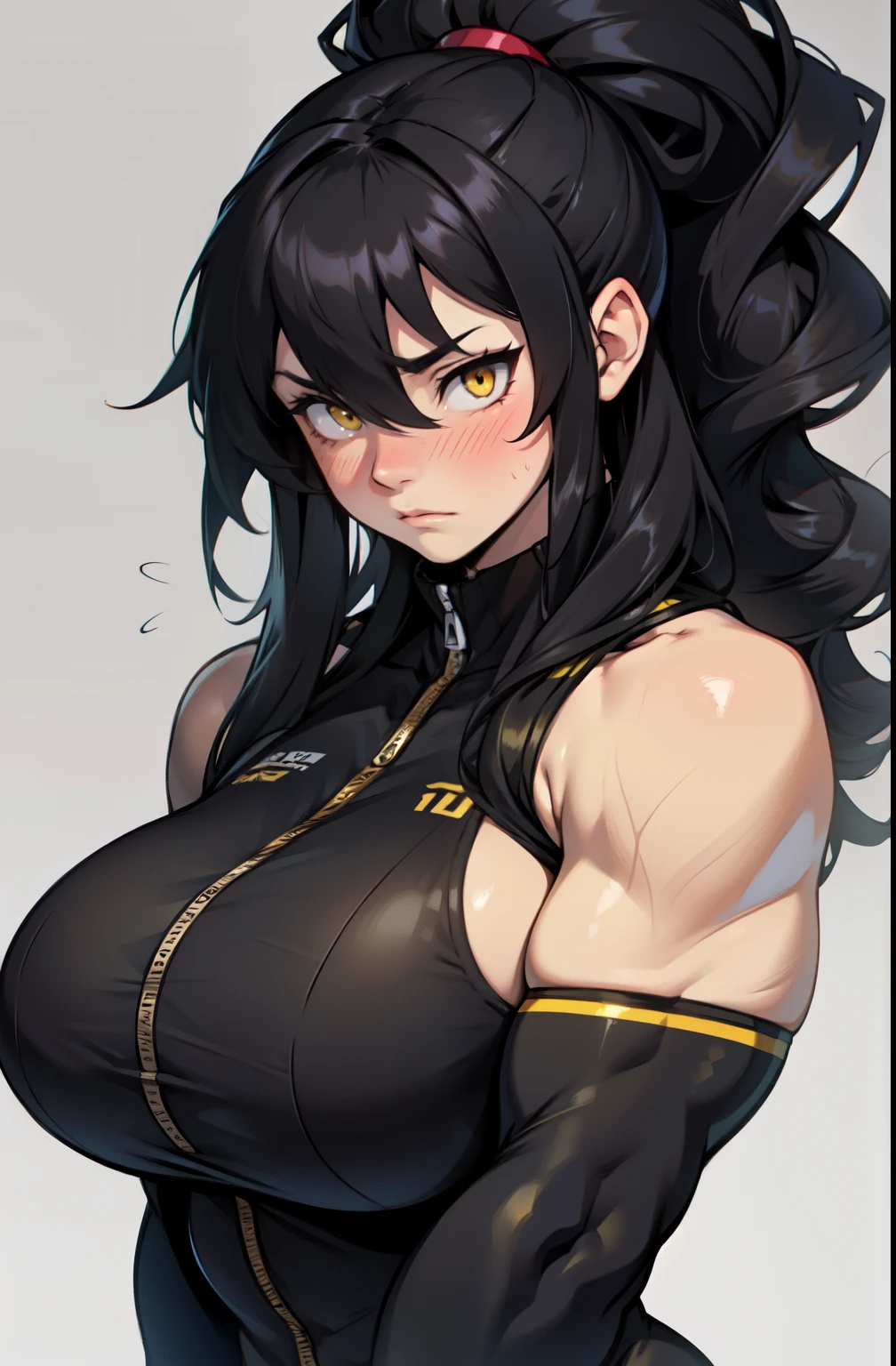 huge hair huge muscles girl sad blush embarrassed pale skin black hair yellow eyes female