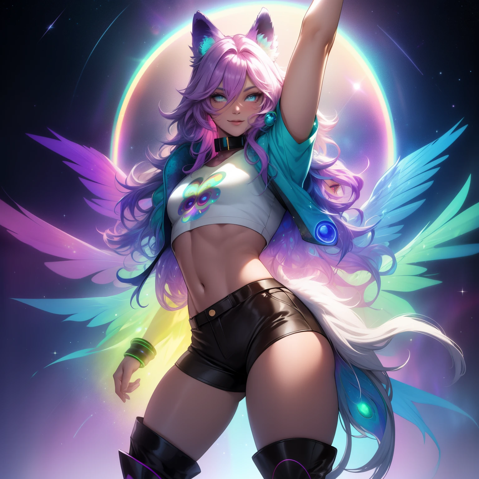 a short, skinny, galactic space young boy wearing a peacock inspired rainbow sci fi coat, glowing blue eyes, wearing cropped t-shirt, flat chested, flat chest (SUPER FLAT CHEST) has wolf ears and a wolf tail, wide hips, pink lips, thick thighs, has long wavy rainbow gradient colored sparkly hair with long locks, twink, happy, blushing, flustered, showing thighs, wearing thigh high boots, wearing short micro shorts, curvy, solo, alone, (SOLO)(ALONE), has long wavy rainbow gradient colored sparkly hair, dynamic pose, dancing pose, wearing collar, happy, has rainbow peacock wings flowing behind him, perfect eyes, photo realistic, masterpiece, flawless